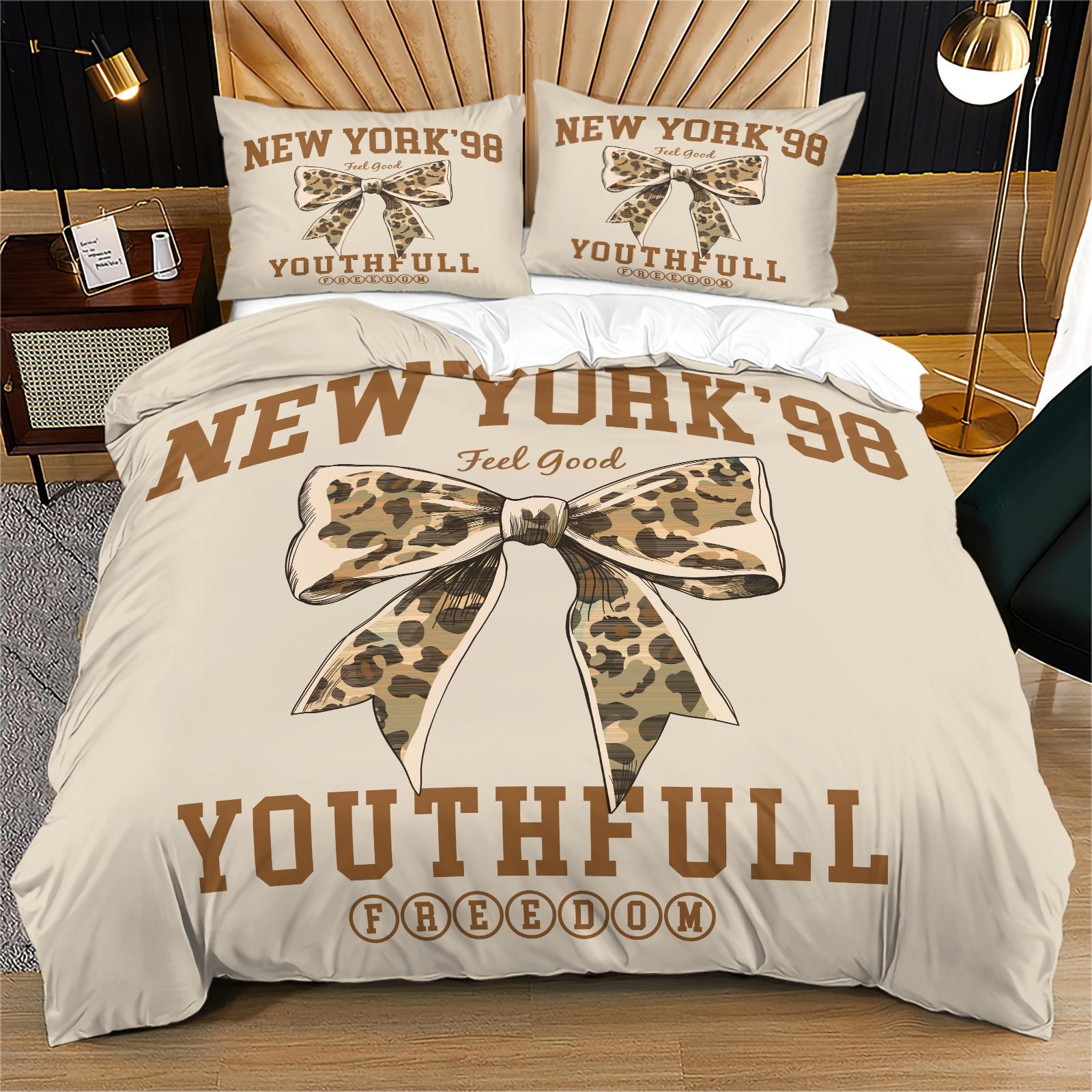Leopard bow pattern duvet cover set, soft and durable bedding set, contains 1 duvet cover and 1 or 2 pillowcases, daily holiday birthday gift bedroom decoration for children and adults