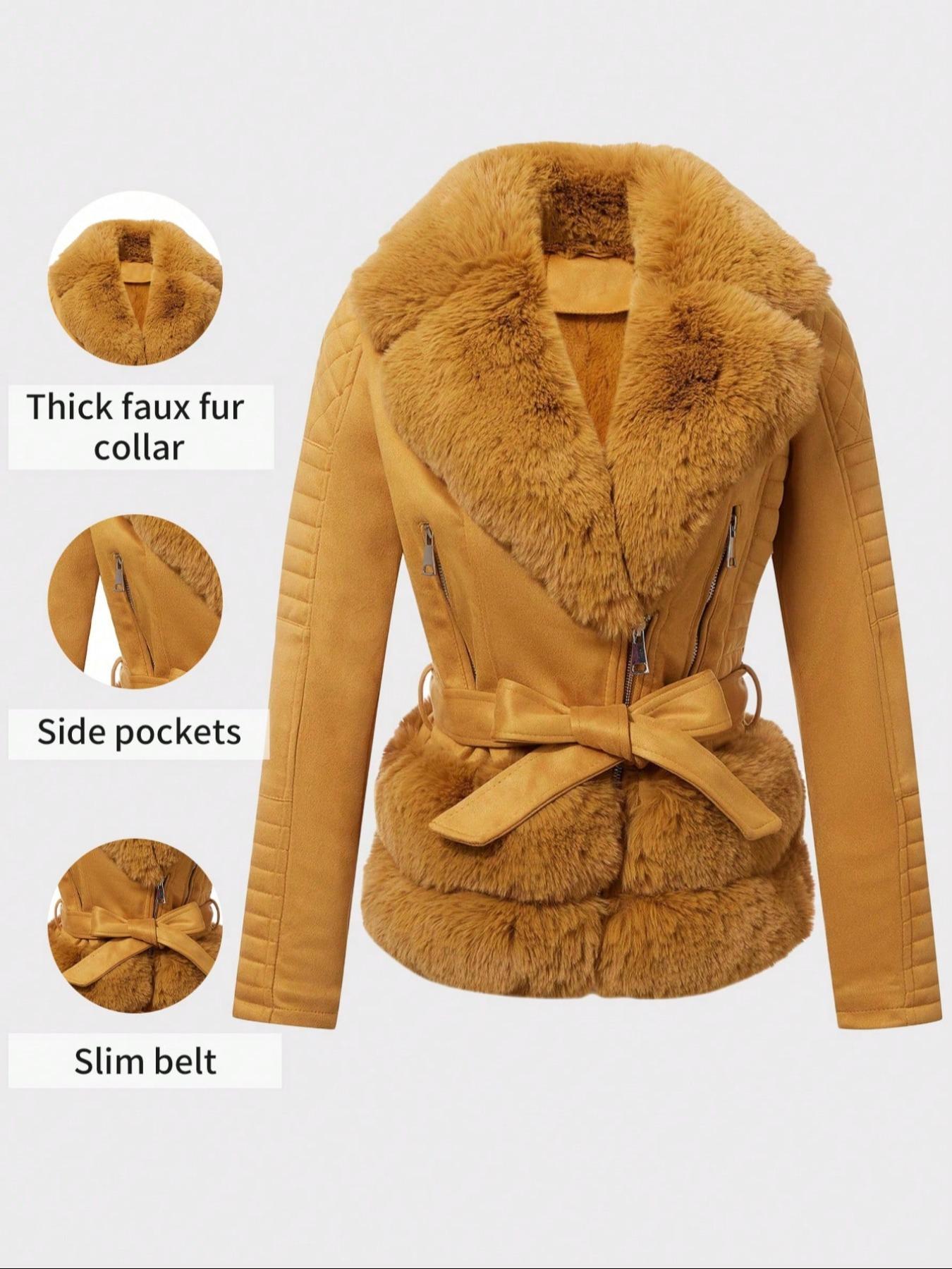 Women's Fall Winter PU Jacket, Vintage Style Fitted Long Sleeve Coat, Warm Daily Wear with Adjustable Waist Belt, Casual Plain Design