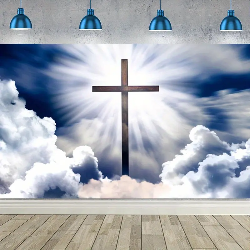 1Pc Heavenly Easter Christian Cross Banner Backdrop, Sacred Church Decor with Exquisite Cross Print, Wrinkle-Resistant Durable Polyester Fabric, Foldable for Easy Storage, Ideal for Religious Events