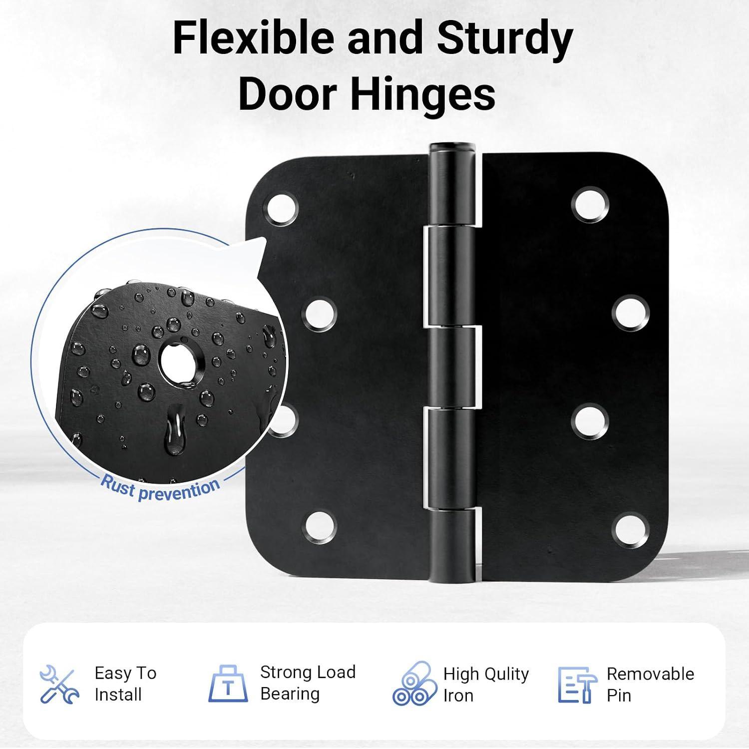 3 Pack 4 Inches Heavy Duty Solid Iron Door Hinges, Matte Black Corrosion Resistant Interior/Exterior Hinges with 5/8" Radius Corner, Removable Pin for Front Door, Garage