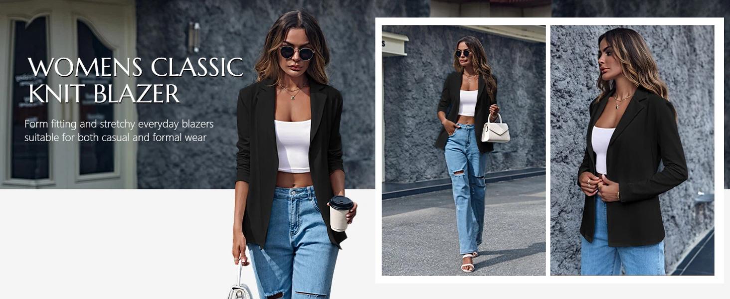 Imily Bela Womens Casual Long Sleeve Blazers Solid Color Knit Blazer Work Office Open Front/Button Down Blazer Jacket Formal Essential