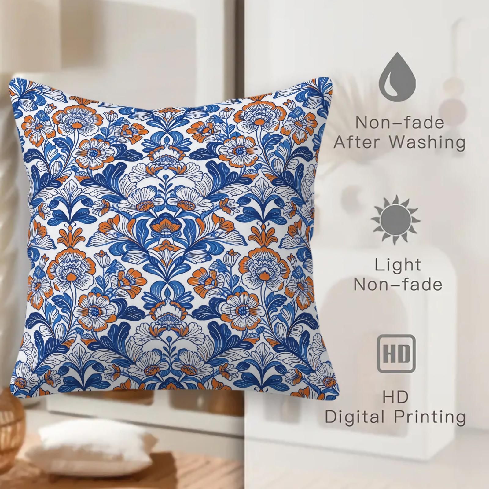 1 Piece Bohemian Blue Orange Floral Throw Pillow, HD Digital Printed Decorative Cushion, Aesthetic Boho Accent Pillow for Sofa, Couch, Bed and Living Room Home Decor