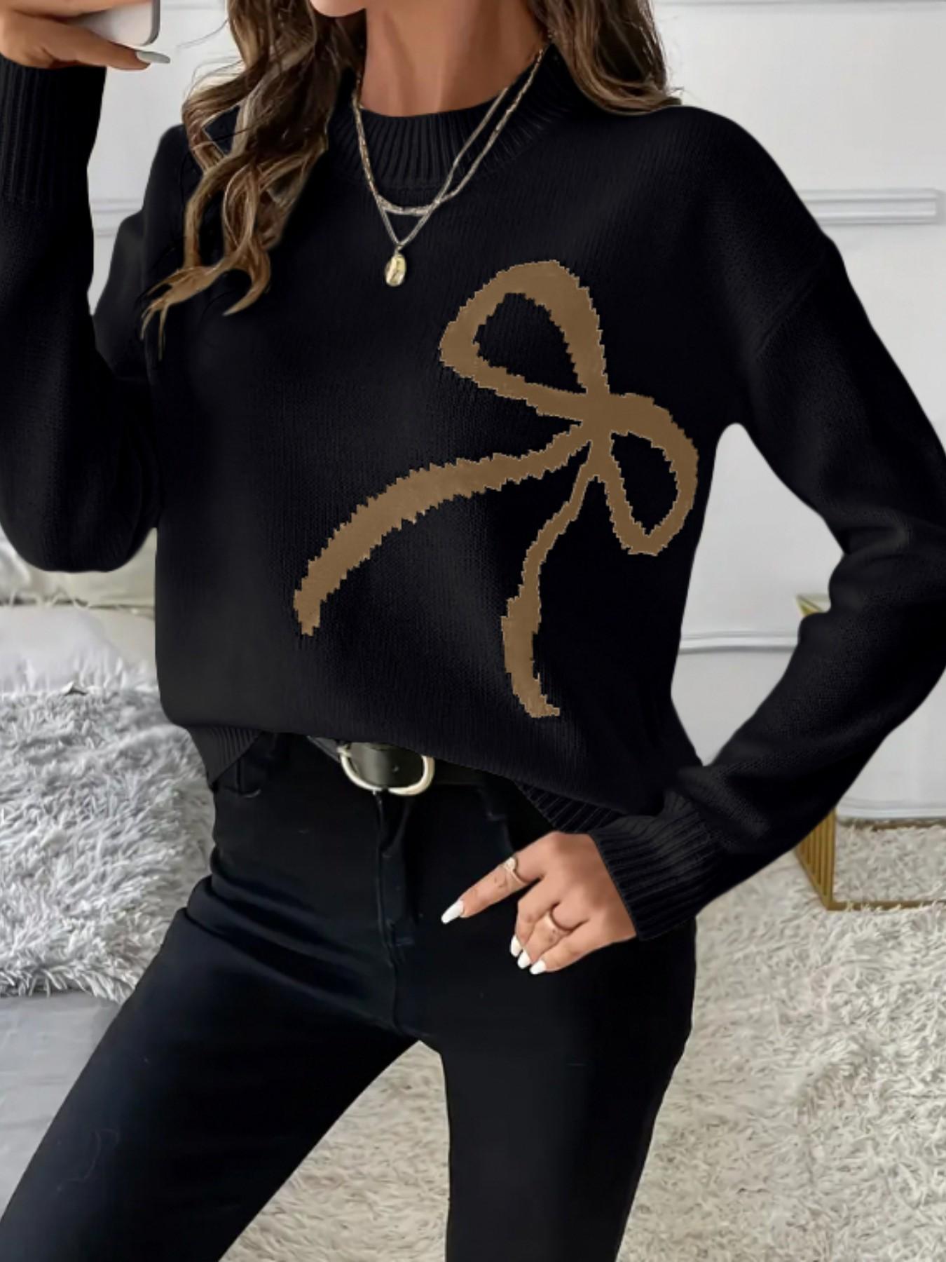 Women Bow Pattern Crew Neck Knit Sweater, Long Sleeve Loose Drop Shoulder Cropped Pullover, Coquette Aesthetic Fall Casual Tops