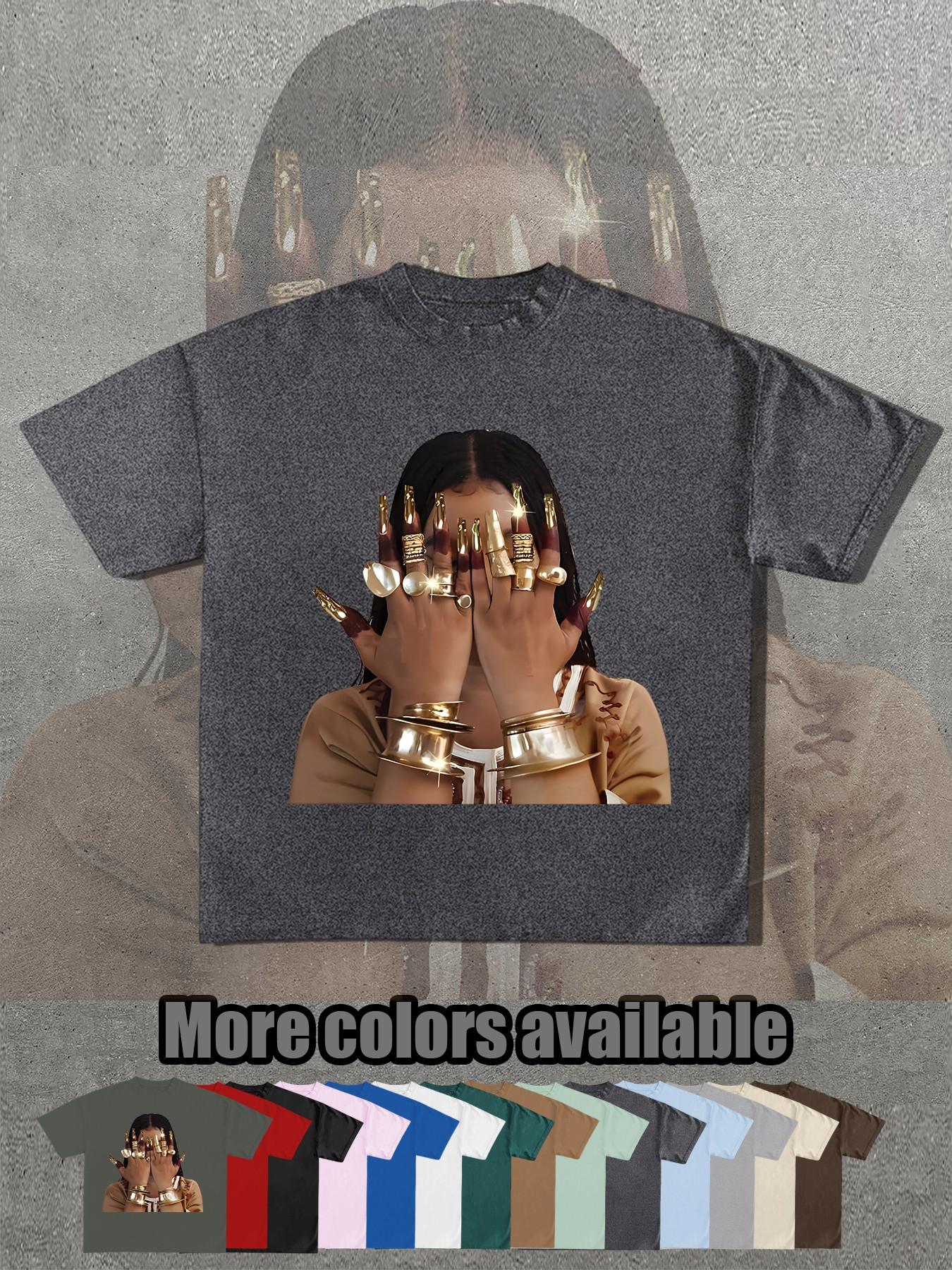 14 Color Options, Retro Egyptian Queen Gold Nail Print T-Shirt, Unisex Short Sleeve, Loose Fit, Street Style, Summer Fashion Essential