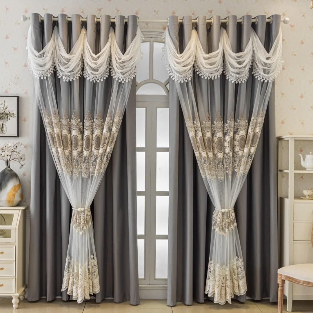 1pc European Luxury Gold Embroidered Double Layer Drapes, Sunscreen Insulation, High-End Living Room Master Bedroom Floor-To-Ceiling Curtains