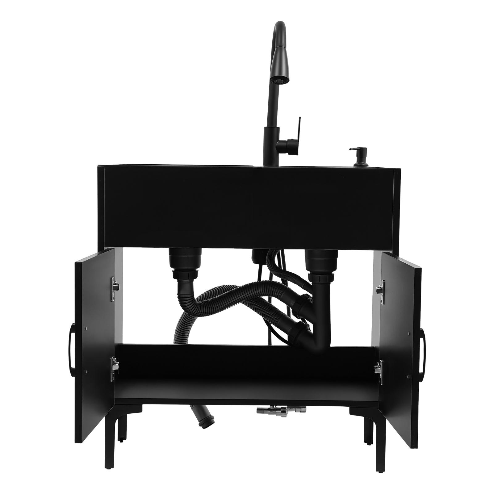 Laundry Utility Sink with Cabinet & Pull-Down Faucet Freestanding Stainless Steel Utility Sinks with 2 Doors Deluxe Bouble Kitchen Sink Wash Station Tub for Laundry & Kitchen, Bathroom(Black)