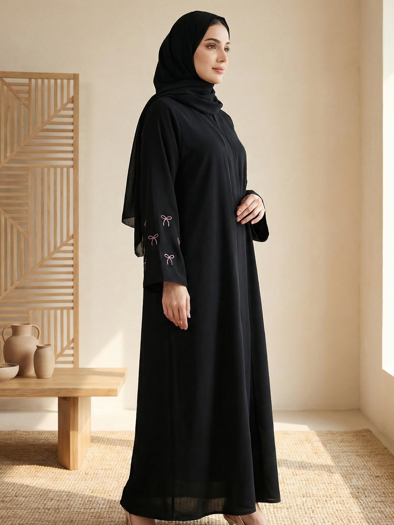 Hafizah Butterfly Knot Embroidered Long Cardigan Scarf Set, Loose-Fitting Outerwear for All Seasons, Casual Women's Fashion
