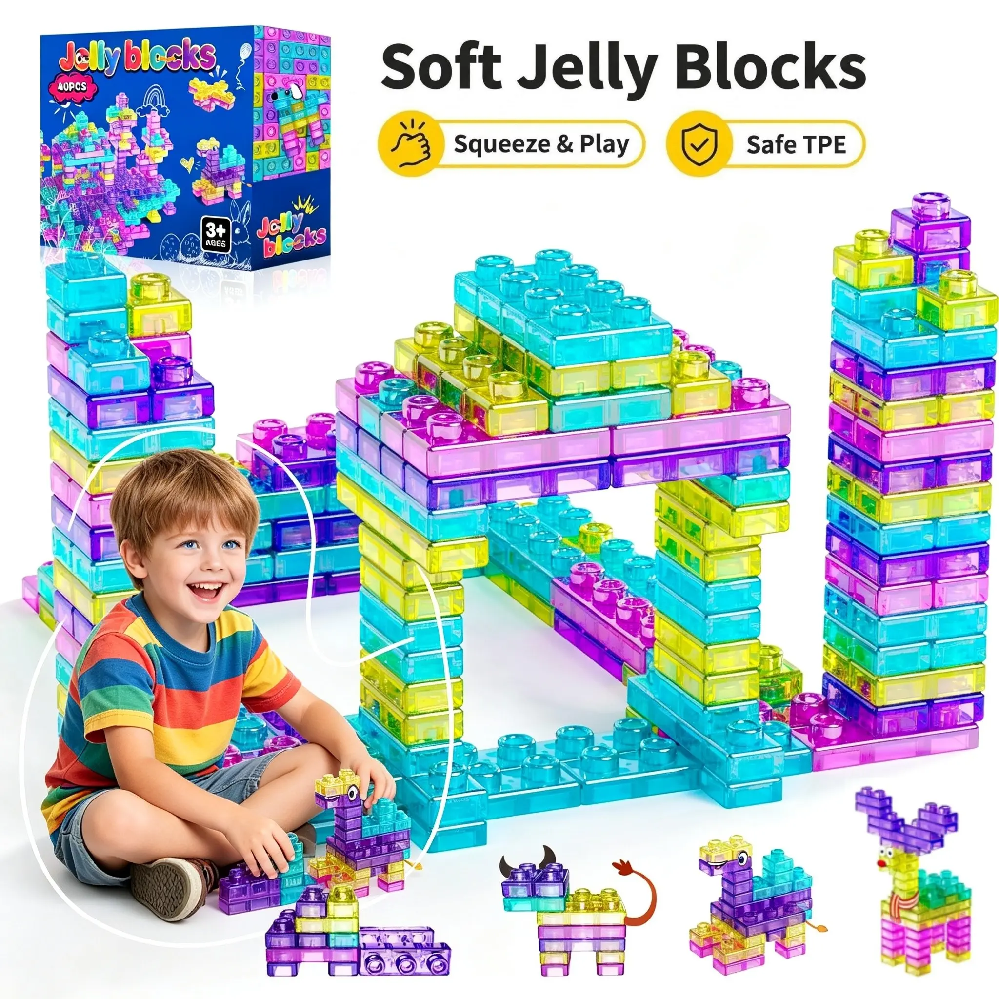 Squishy Soft Blocks for Kids, 40/60pcs Safe Tpe Gummy Blocks, Fun and Durable Toys, Perfect for Playtime, Ideal Gift for Childre, Squishy Fidgets