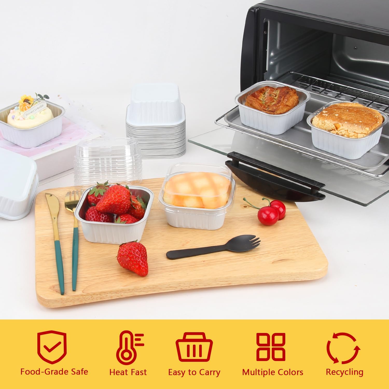 5oz/80pack Mini Cake Pans with , Foil Cupcake Cups Small Brownie Baking Tins,Square Disposable Ramekins Mini Cheesecake Containers Muffin Holders-White
