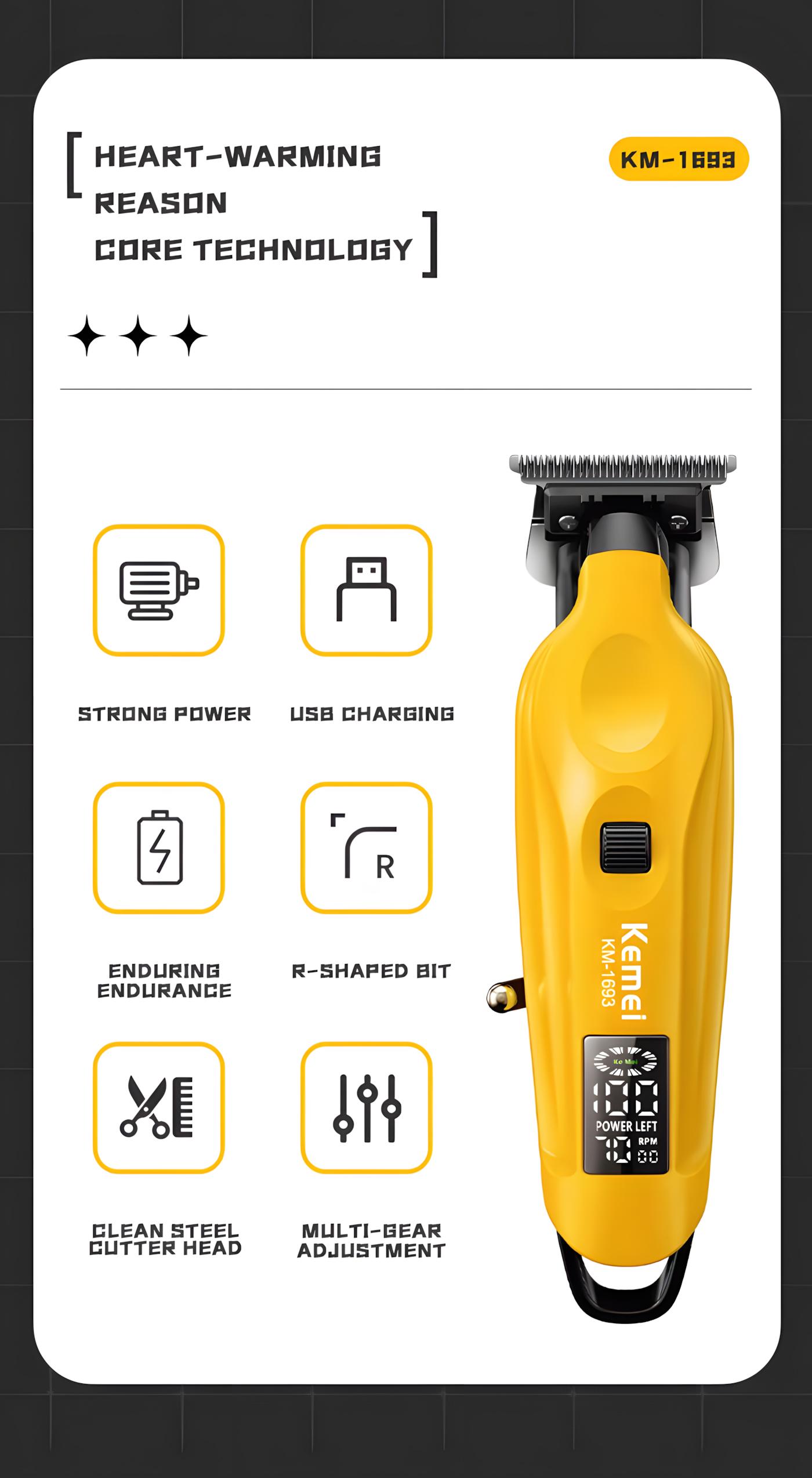 Kemei Km-1693 Men's Professional Hair Trimmer, USB Charging, 7000 Rpm High Precision Carving, 1200mah Battery, Multi-Speed Adjustment