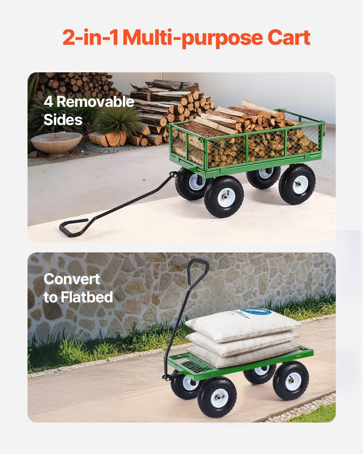 VEVOR 900 Lbs Steel Frame Outdoor Metal Utility Cart, Heavy-Duty Pullable Wagon with 10-Inch Tires, Removable Mesh Sides, Mesh Floor, Convertible Flatbed & 180-Degree Adjustable Handle for Garden Yard Use, 10 Tires, Removable Sides