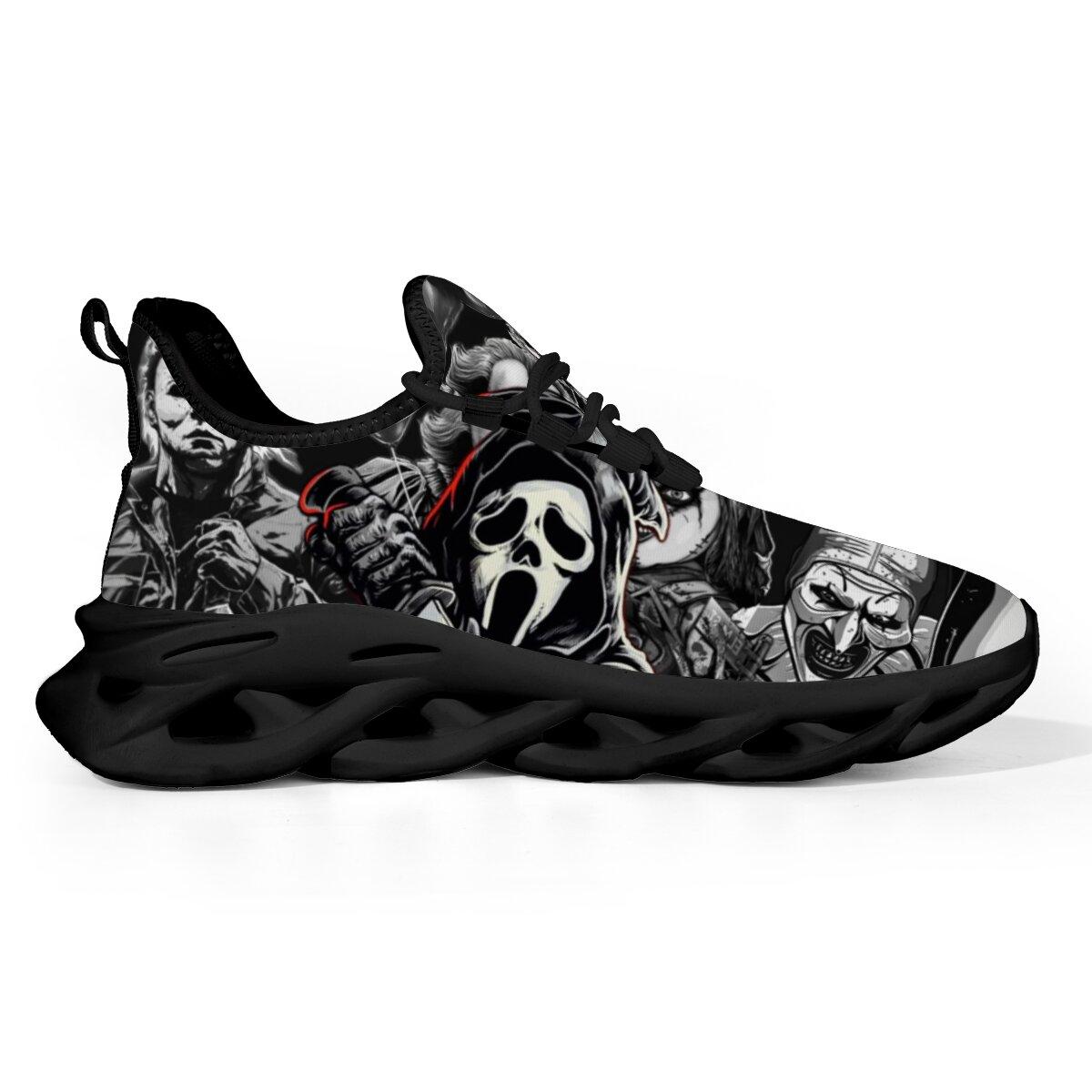 Halloween Dark Horror Mask Character Art Blade Sneakers Man Woman Hollow Wave Cushion Sole Mesh Running Shoes Monochrome Thriller Figure Collage Print Gothic Halloween Punk Casual Athletic Trainers For Men Women