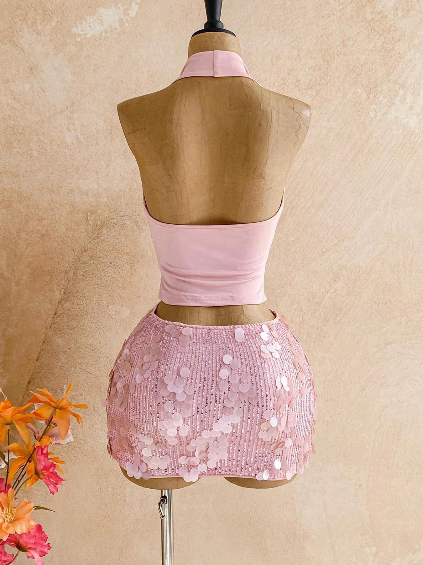 Elegant Party Set, Halter Neck Top & Sequin Rhinestone Mini Skirt, 2-Piece Ensemble for Special Occasions