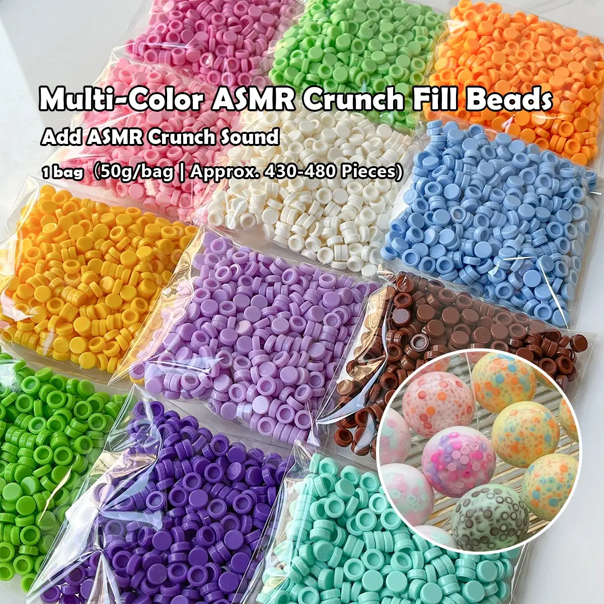 Crunch Fill Beads for DIY Squishy Toys（50g/bag）, Multi‑Color Hollow Design Crunchy Fillers, ASMR Satisfying Crunch Sound Craft Supplies, Colorful Plastic Pellets for TPR Empty Squishy Shells, Make Sensory Squeeze Fidget Toy