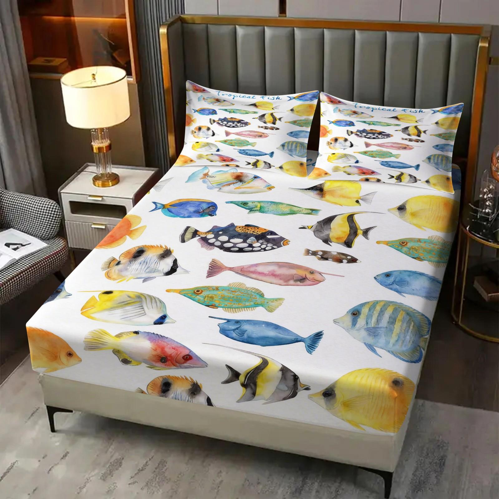 Watercolor Tropical Fish Bedding Set, Ocean Life Coral Fish Print Bed Sheets, Includes 2 Coreless Pillowcases, Breathable Durable Decorative Kit