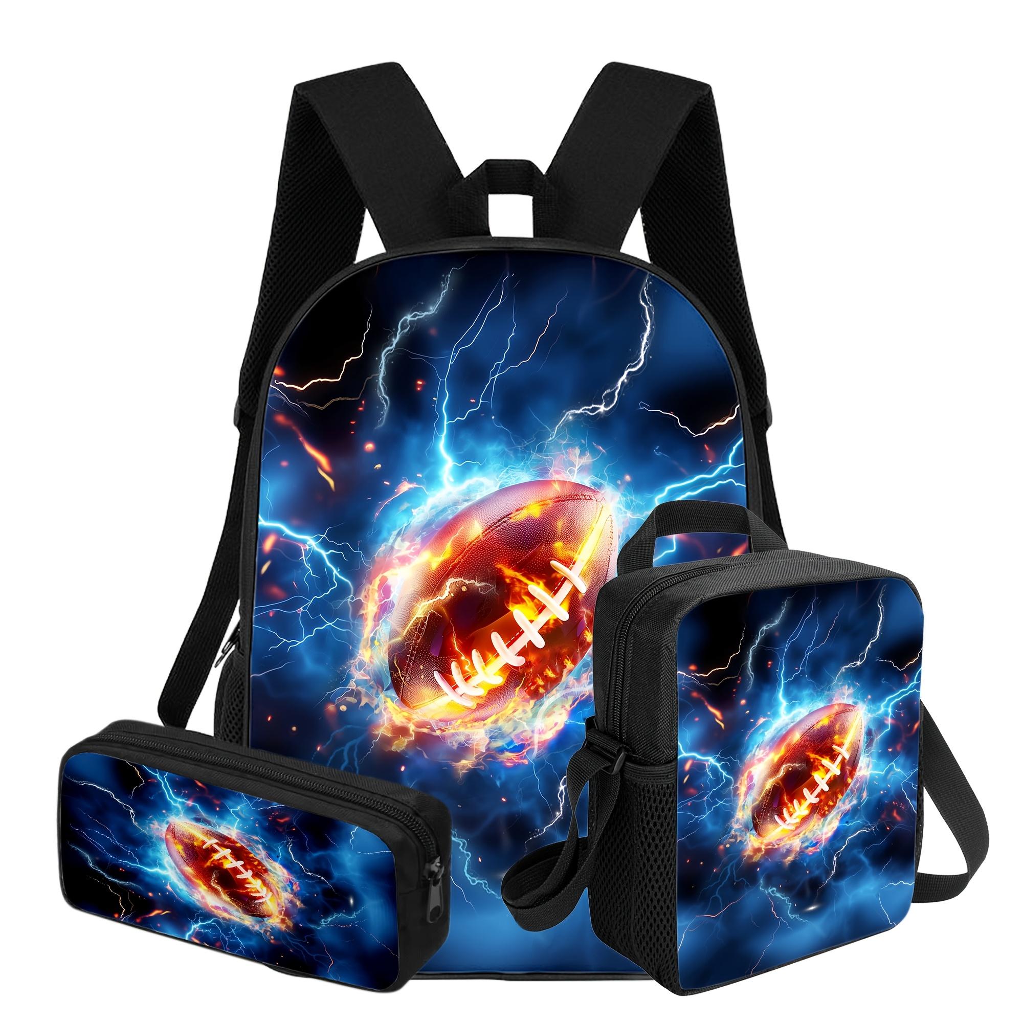 3-Piece Boys' School Backpack Set - Includes Lunch Bag & Pencil Case. Suitable for Children and Teens. Large-Capacity, Lightweight Bookbag with Laptop Compartment. Features American Football Print, Adjustable Shoulder Straps, and Dedicated Lunch Box Compa
