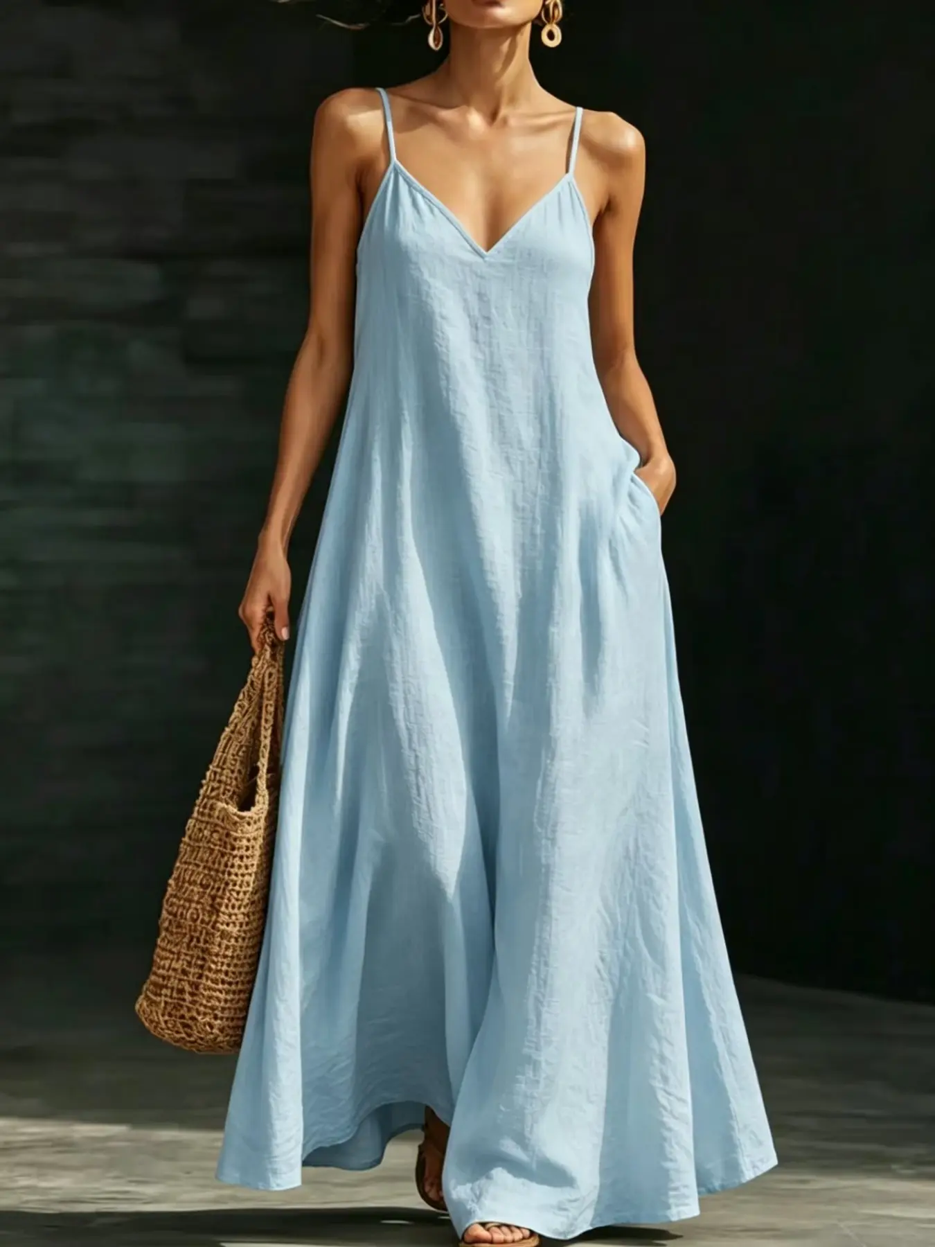 French Minimalist New Arrival Summer Strap Long Dress, Beach Wear Dress, Daily Commute Elegant Vacation Style, Solid V Neck Sleeveless Long Dress