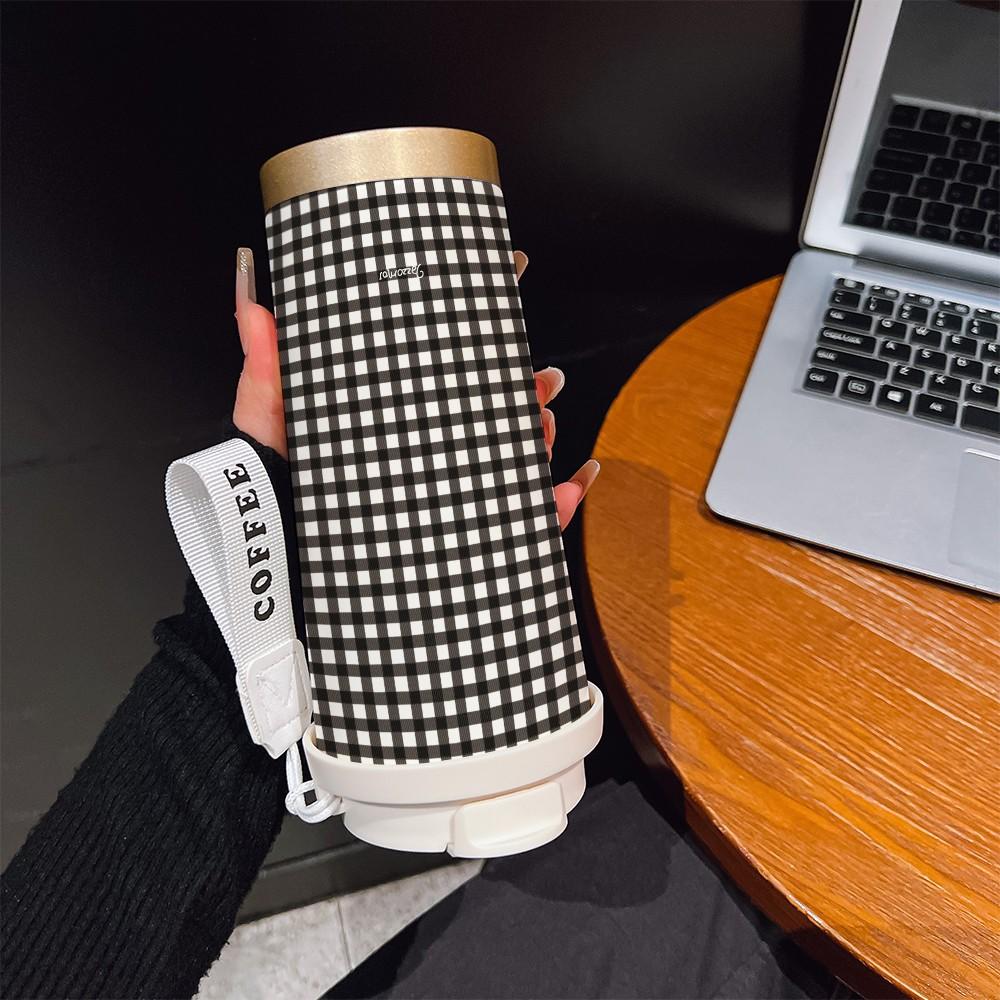 Abstract Chessboard Texture Coffee Cup, Portable Dual Drink Insulated Tumbler, Heat/cool Keeper, Boho Style, Office, Travel, Sports