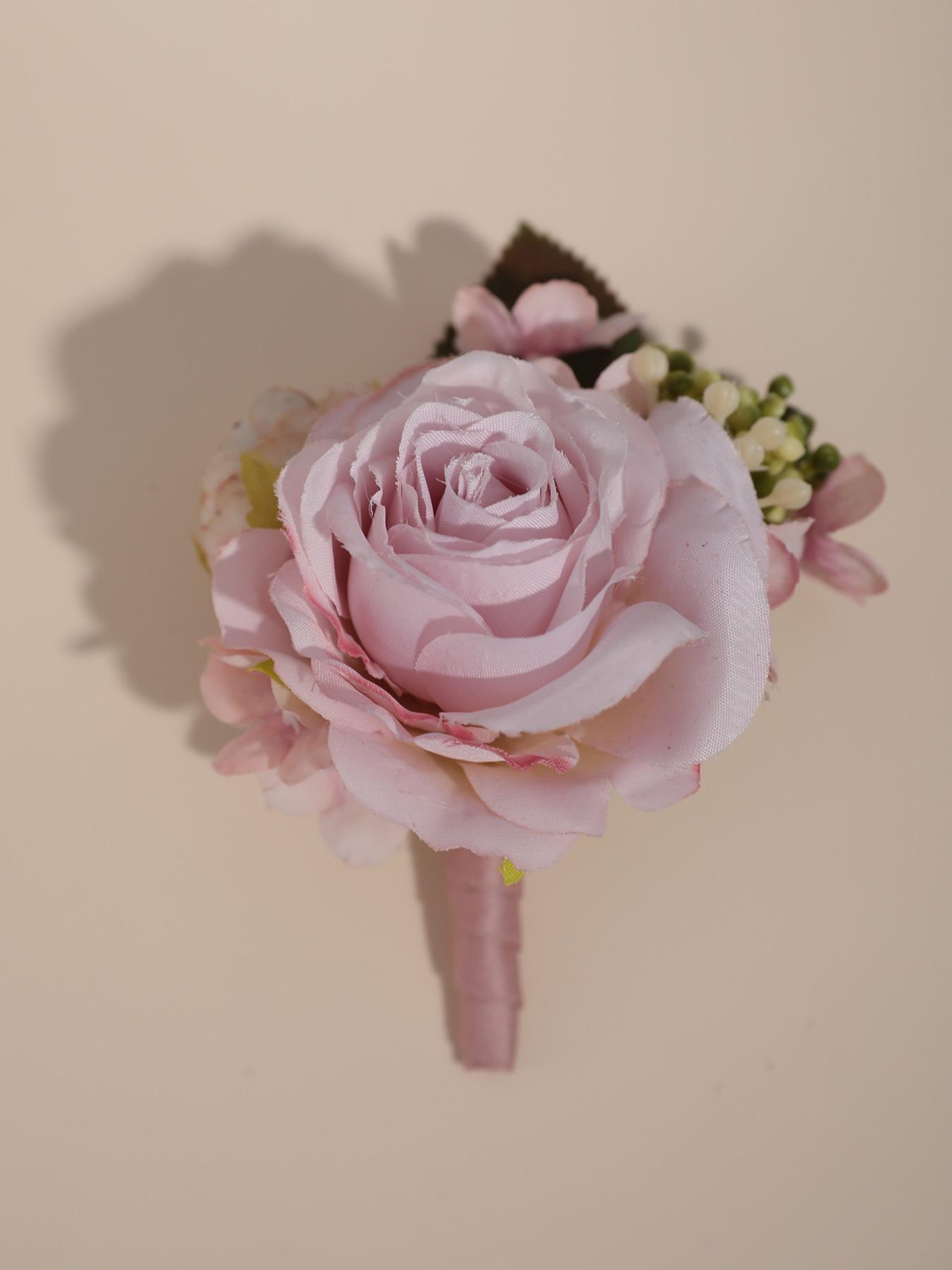 Artificial Rose Wedding Corsage with Leaves, Handmade Flower Brooch for Groom Bride Bridesmaid, Elegant Prom Party Hair Accessory