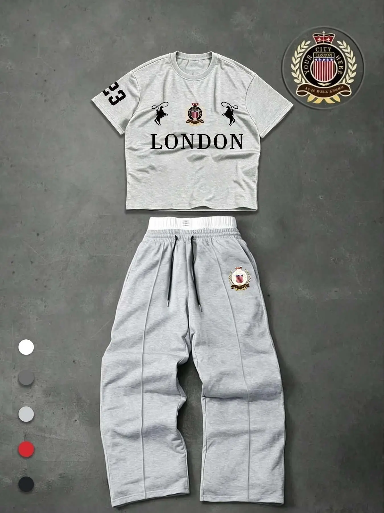 American College Style Suit, Vintage British Look, Classic, Aesthetic, Badge Print, Short Tee + Wide Leg Pants, Versatile Fashion, Menswear, Perfect for Students and Workers
