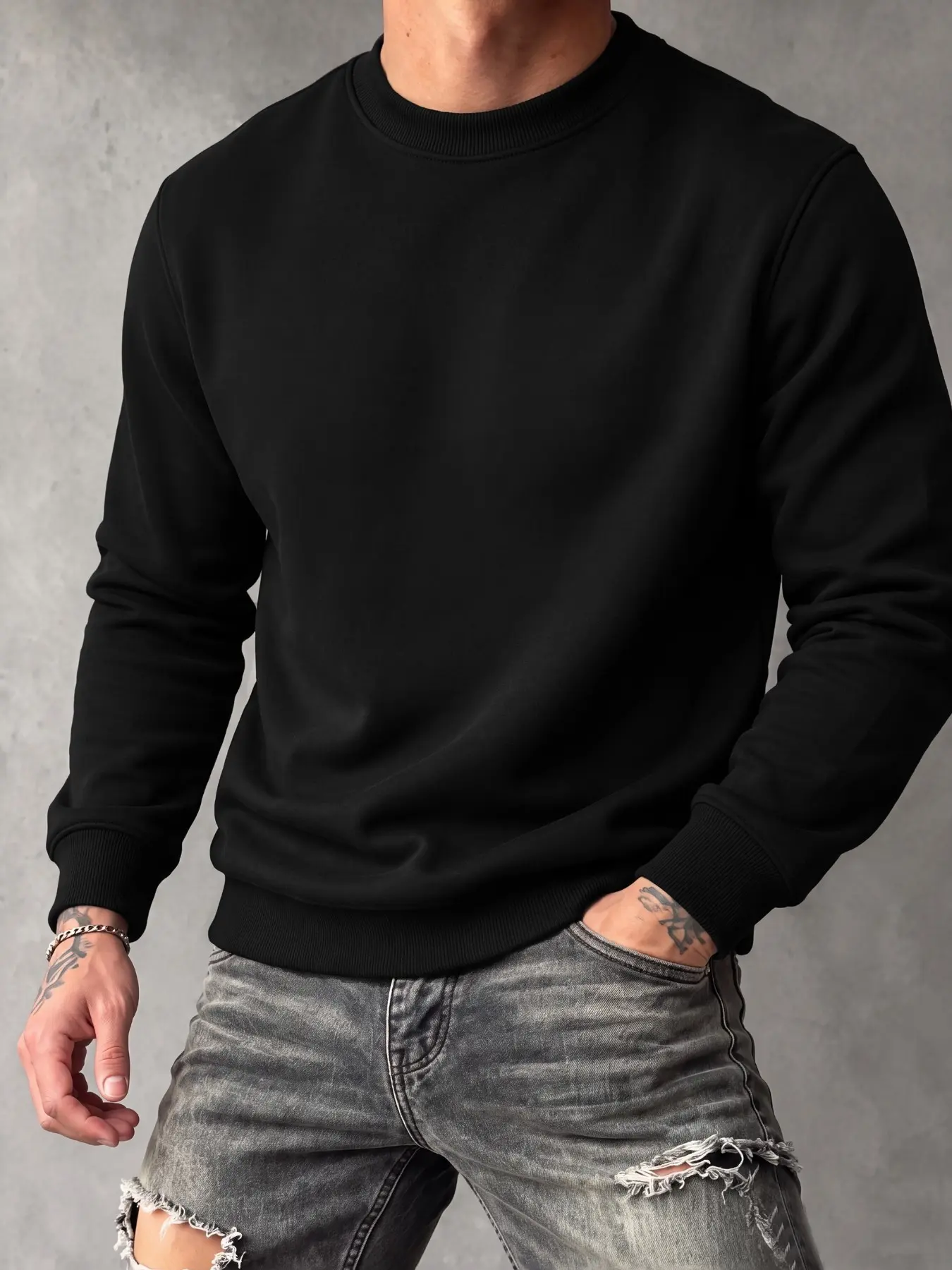 Men's American Classic Basic Solid Color Crew Neck Sweatshirt, Long Sleeve Slim Fit, Casual Pullover for Daily Commuting