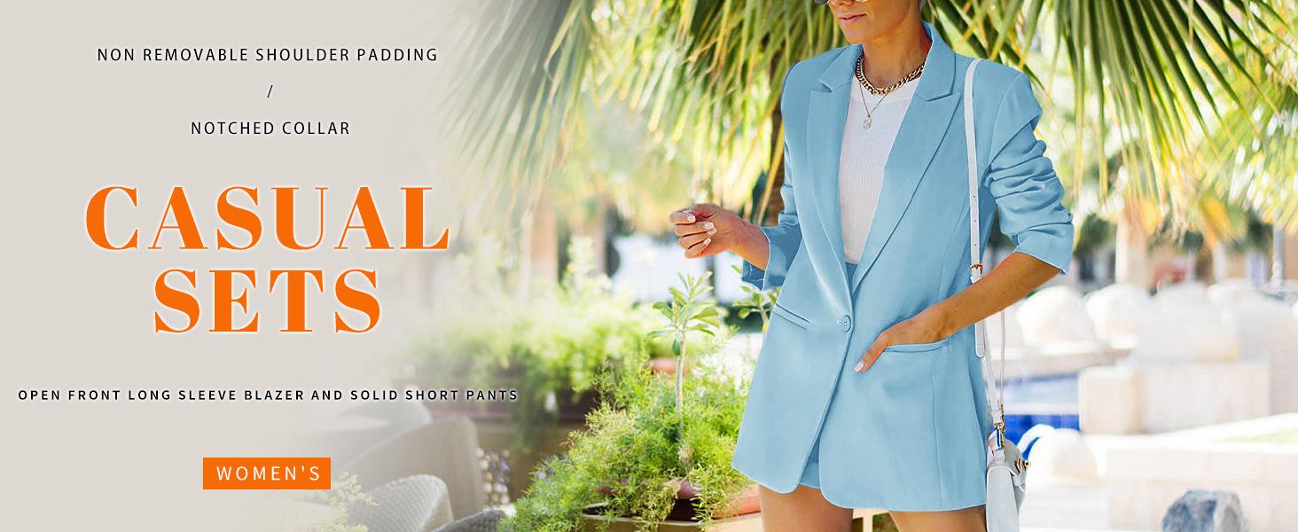 FMEYOA Women's 2 Piece Open Front Long Sleeve Blazer and Solid Short Pants Suit Sets FMEYOA Women's 2 Piece Open Front Long Sleeve Blazer and Solid Short Pants Suit Sets