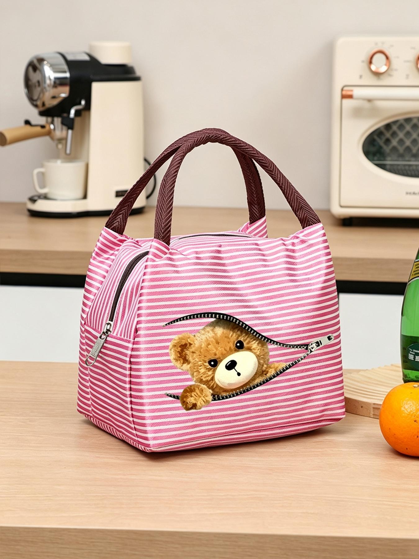 Creative Zipper Bear Lunch Bag, Insulated Meal Pouch, Thick Striped Handle, Large Capacity, Outdoor Picnic, Insulated Lunch Tote, Multiple Colors Available