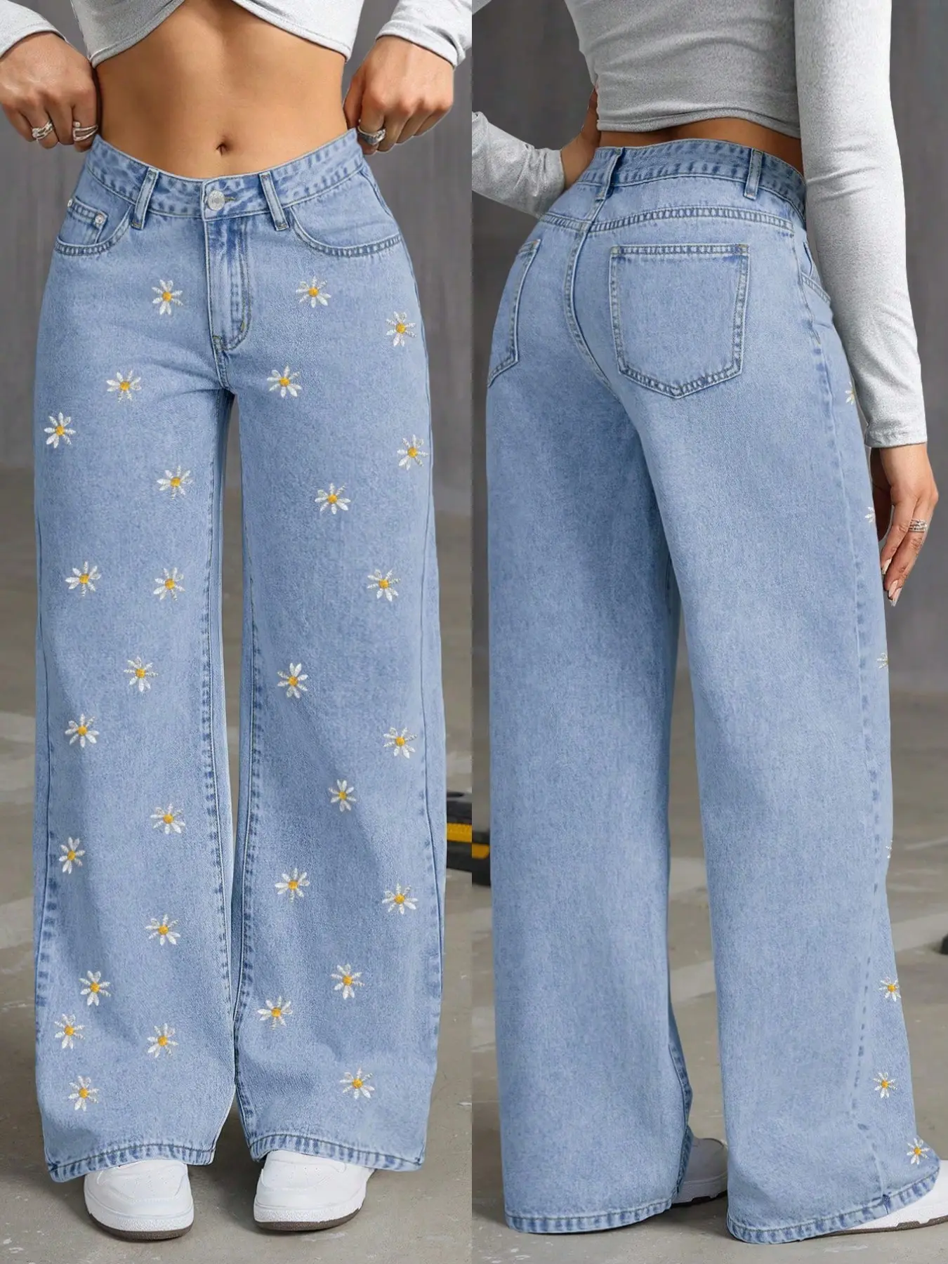 Vintage Washed Blue Floral Embroidered Denim Women's Loose Wide Leg Straight Pants, Casual Fall Long Trousers, Comfortable and Stylish