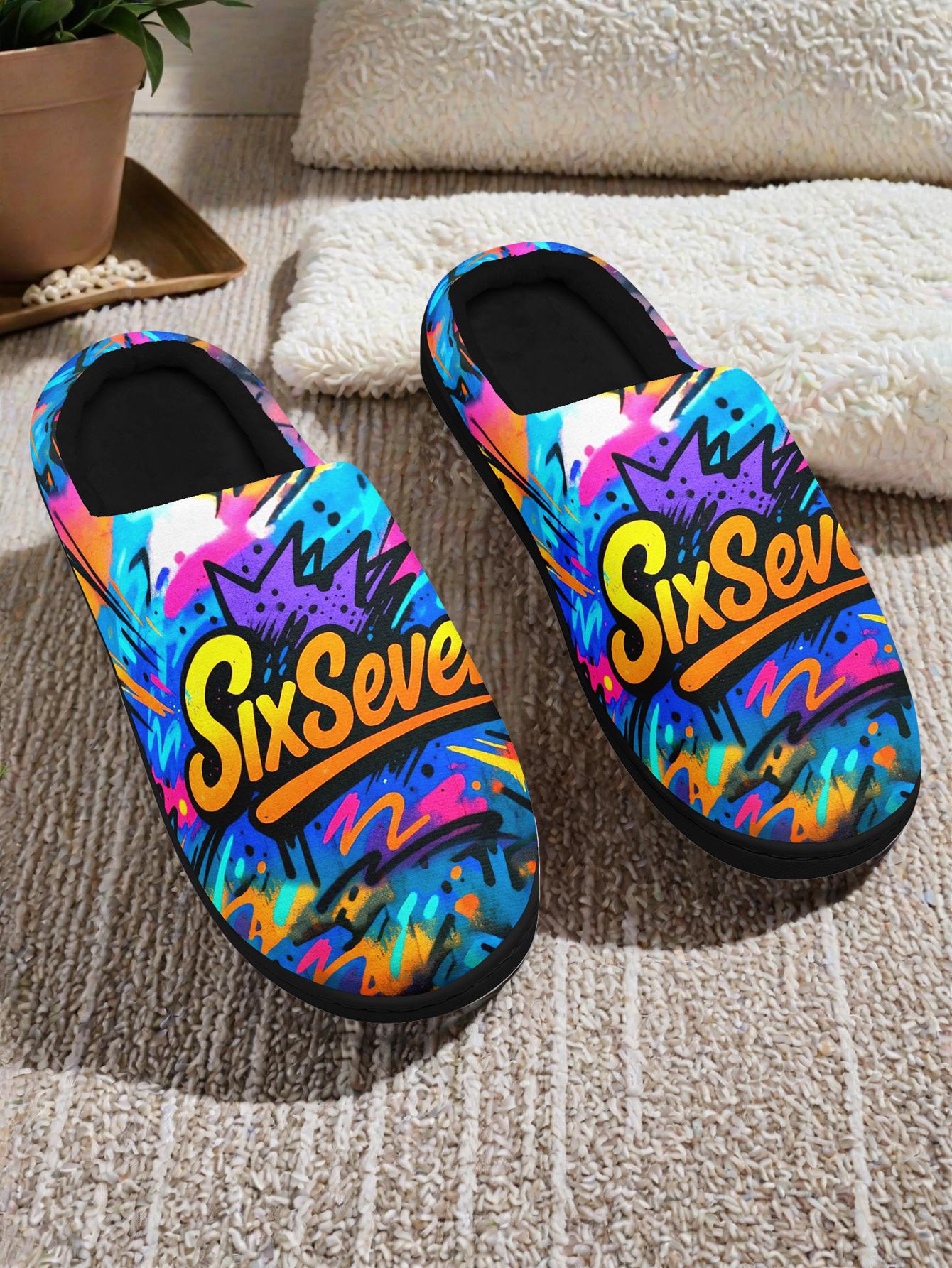 Men's Plus Size "SixSeven" Colorful Graffiti-Pattern Warm Indoor Slippers - Comfortable Cozy Home Footwear for Autumn & Winter