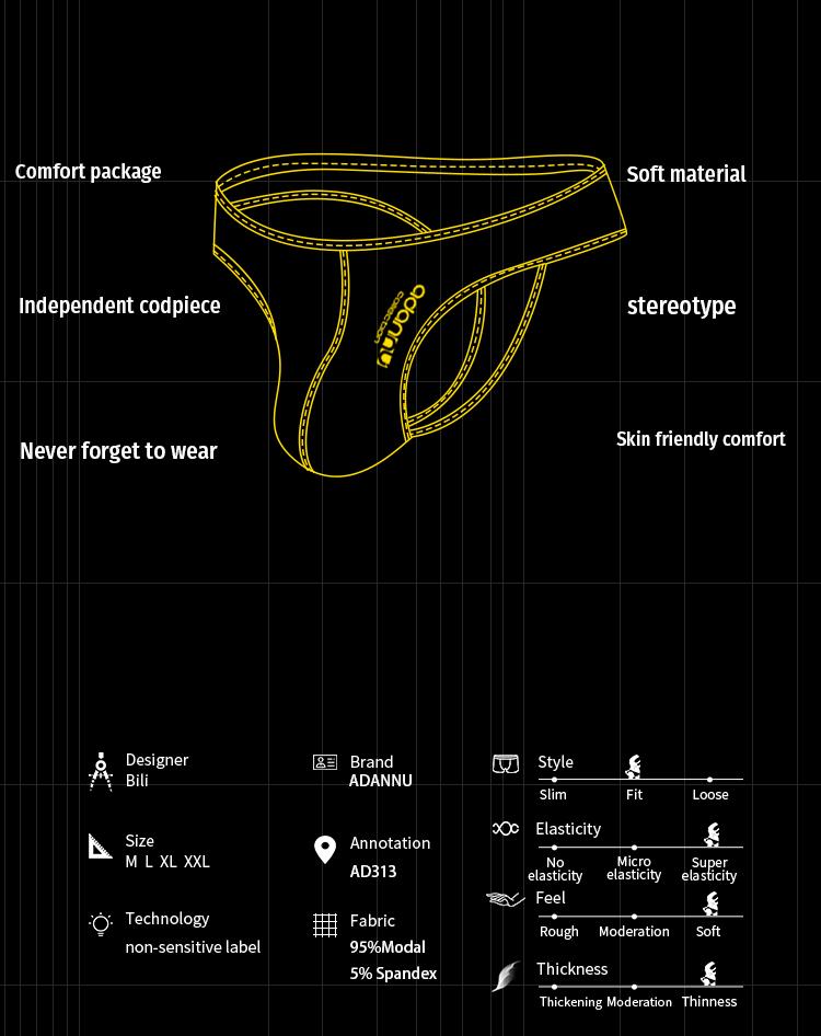 6pcs Men's Thong Panties Ultra-Sexy Seamless Non-Shift Modal Lightweight Bikini Erotic Trousers, 6 Pairs Set, All Seasons