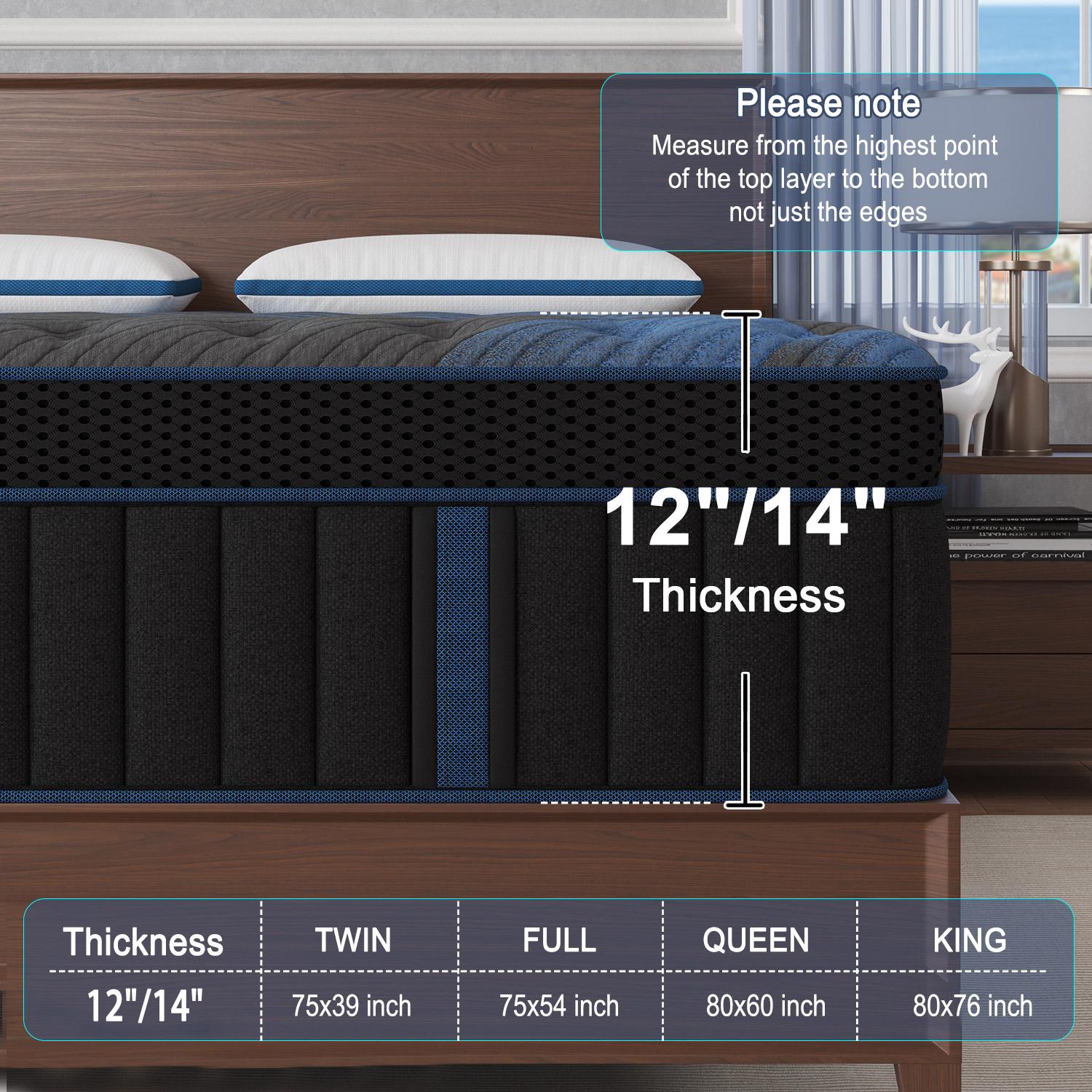 12"14" Twin Full Queen King Size Mattress in a Box Hybrid Pocket Spring Memory Foam, Medium Firm Ergonomic Mattress motion isolation with Lumbar Support