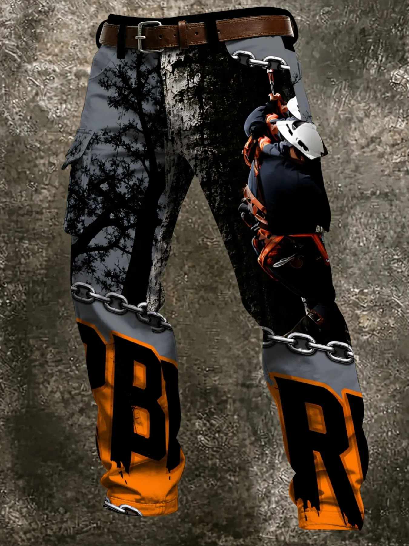 Extreme Sports Workwear Pants, Outdoor Large Capacity Flip Cover Side Pockets, Climbing Forest Chain Letter Full Print, Long Slim Fit Casual Trousers