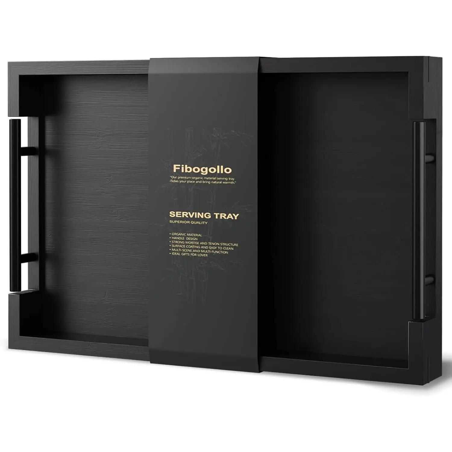 Bamboo Serving Trays with Metal Handles, Medium (Black)