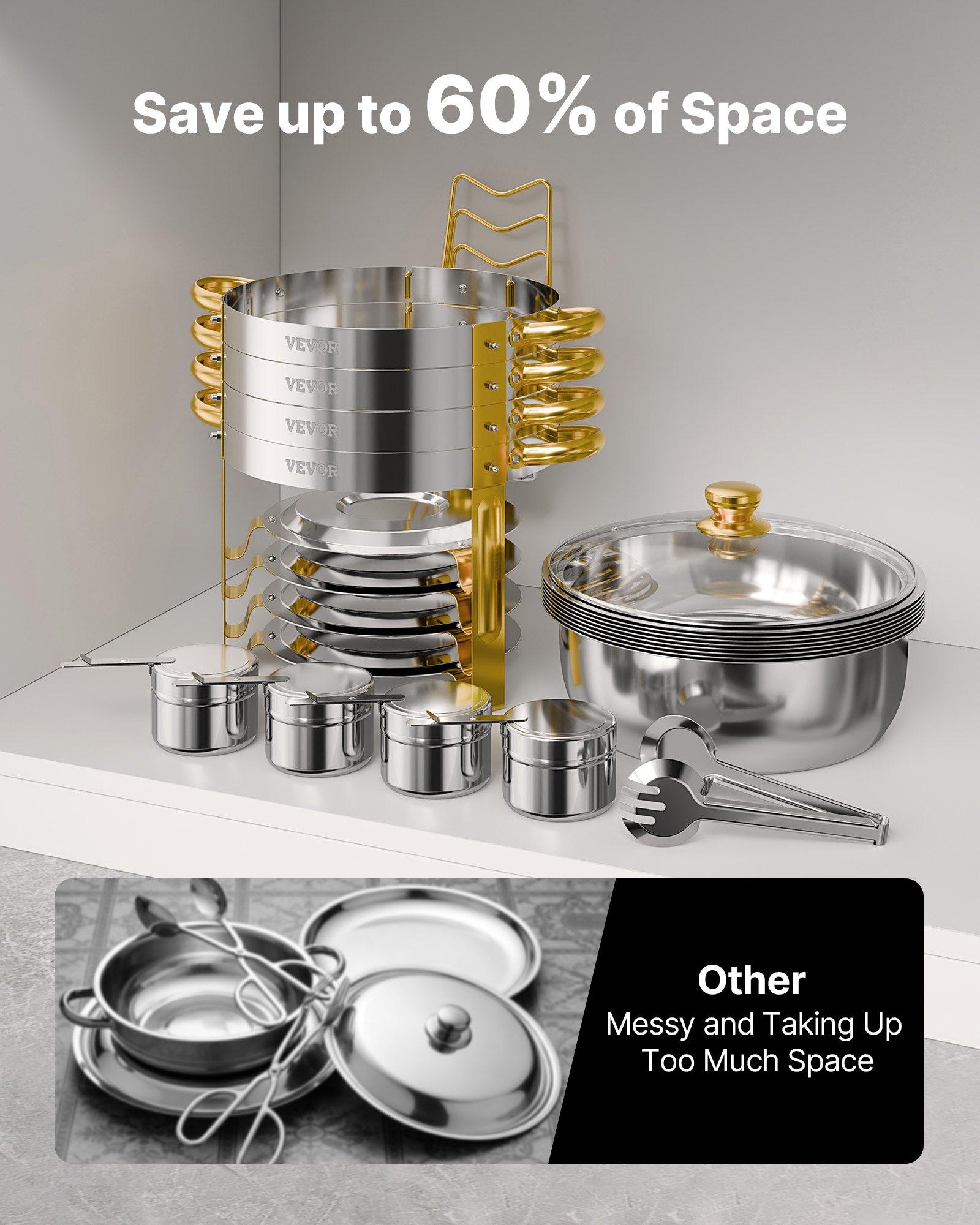 VEVOR 4-Piece Round Shape Stainless Steel Buffet Set, 5 Qt Full Size Stainless Steel Pans, Glass Lids, Water Pans, Folding Stands, Fuel Holders, Gold Catering Warmers for Wedding, Banquet