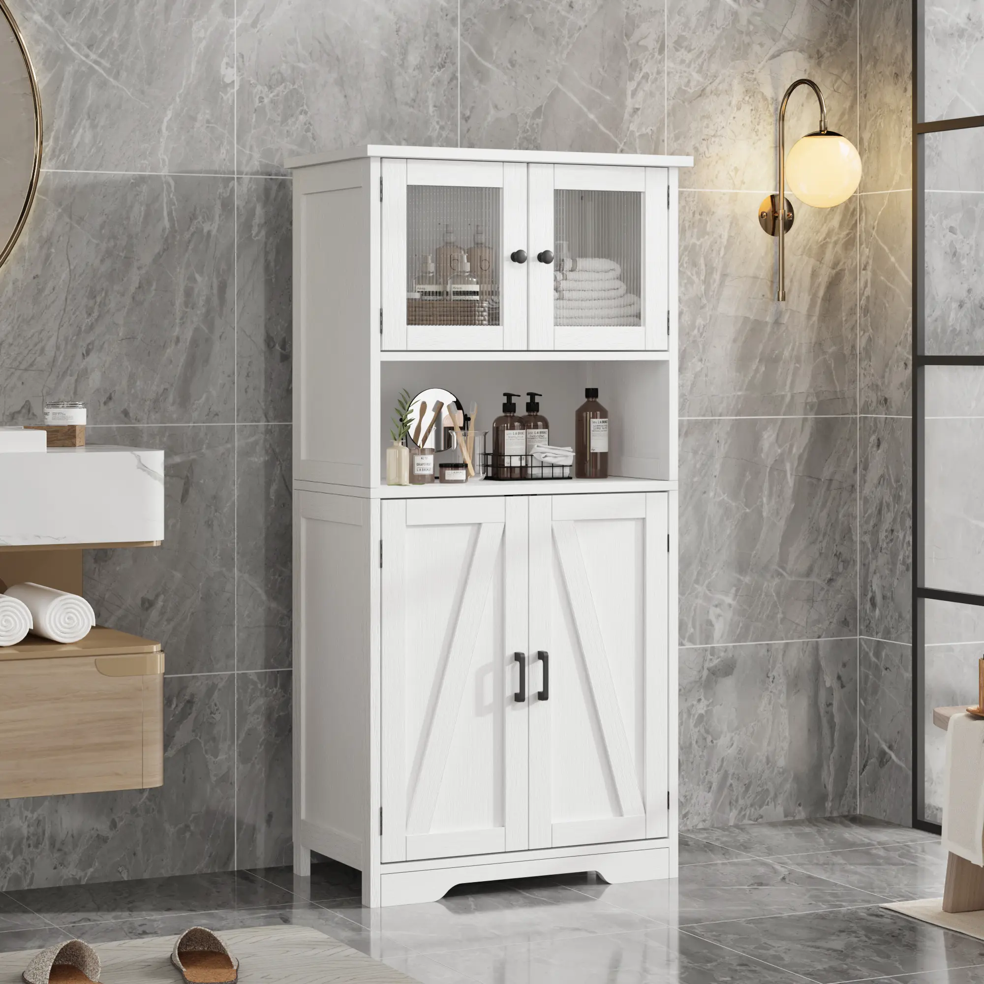 Vintage Gray Modern Rustic Engineered Wood Entryway Storage Cabinet - 50.4" Tall Freestanding Pantry Cupboard with Glass Doors, Adjustable Shelves, Organizer for Hallway, Kitchen