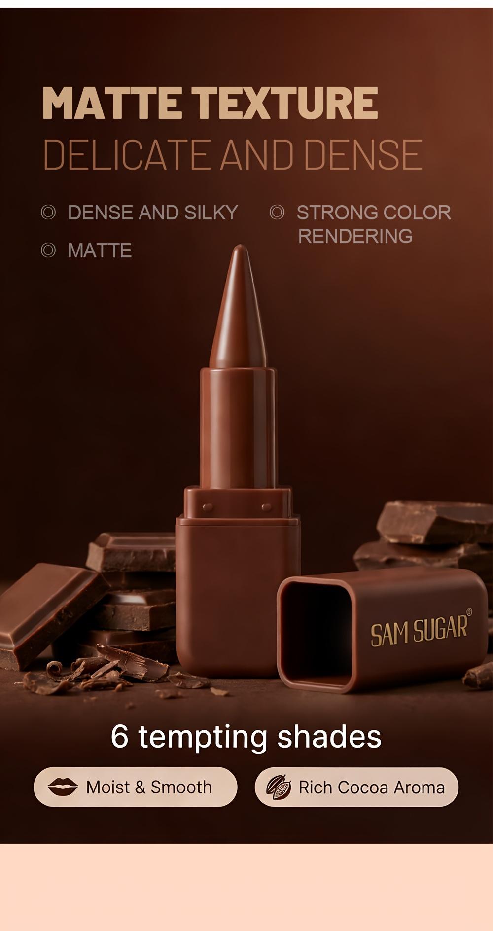 1pc SAM SUGAR Chocolate Matte Lipstick, 6 Colors Long-Lasting Waterproof Lip Stick, Smooth Velvet Lip Tint for Daily & Party Makeup