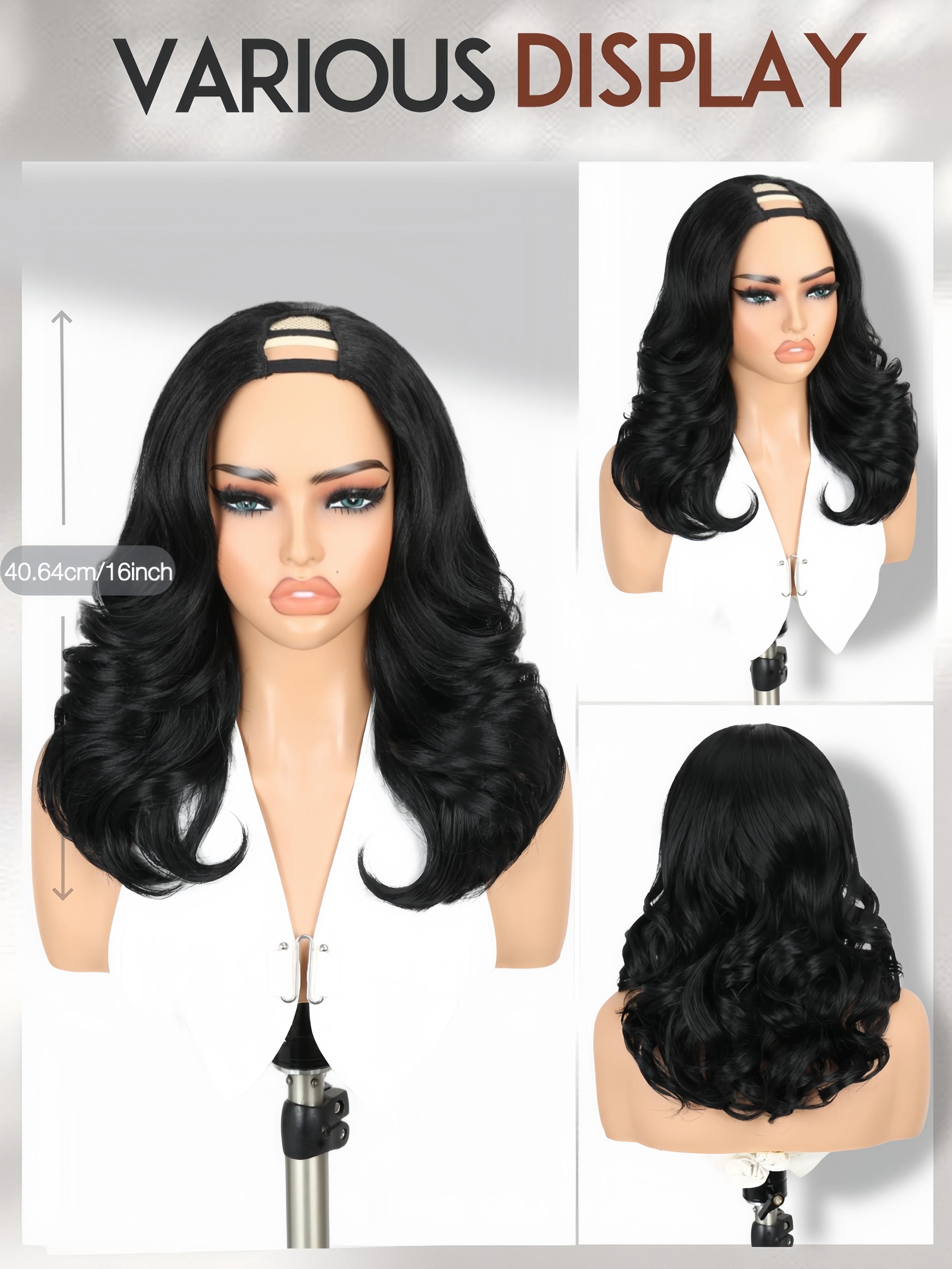 Women U Part Wig V Part Yaki Layered Curly Wigs, 16 Inch Clip-In Synthetic Wig, Heat-Resistant No-Sew-In Design, Natural-Looking