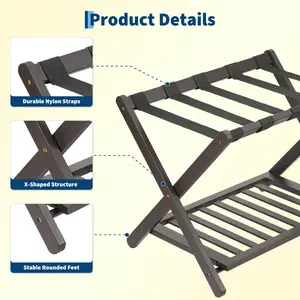 2026 New Luggage Rack, Folding Suitcase Stand with Storage Shelf and Nylon Straps, Holds up to 150 lb, Fits Most Luggage Sizes, for Bedrooms, Living Rooms, and Hotels, Brown Luggage rack, Ideal Christmas Xmas Birthday Gifts