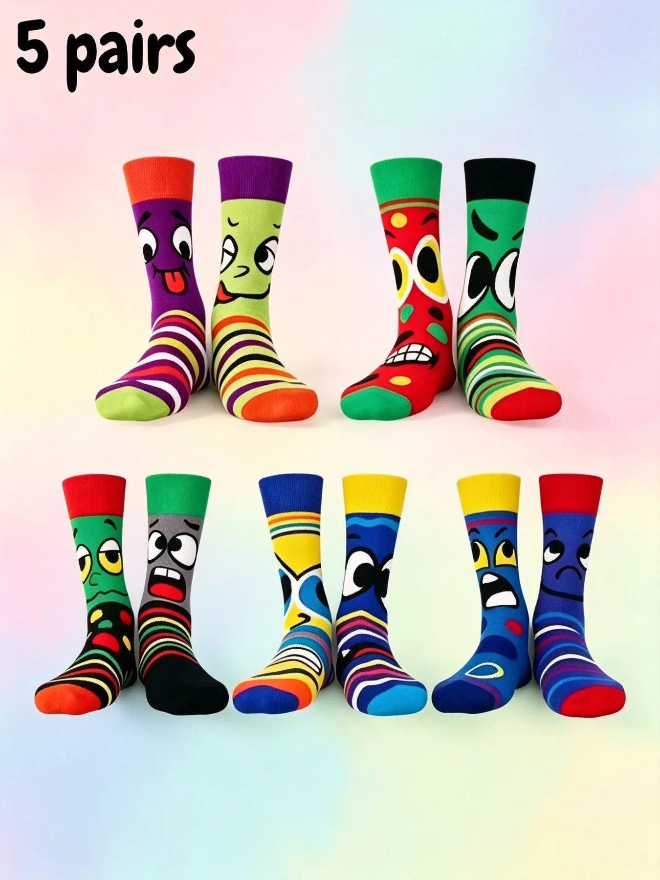 5 Pairs Men's Funny Cartoon Expression Striped, Breathable and Versatile, Perfect for Daily and Party Wear, Ideal Gift for Friends and Family, Cartoon Print Socks