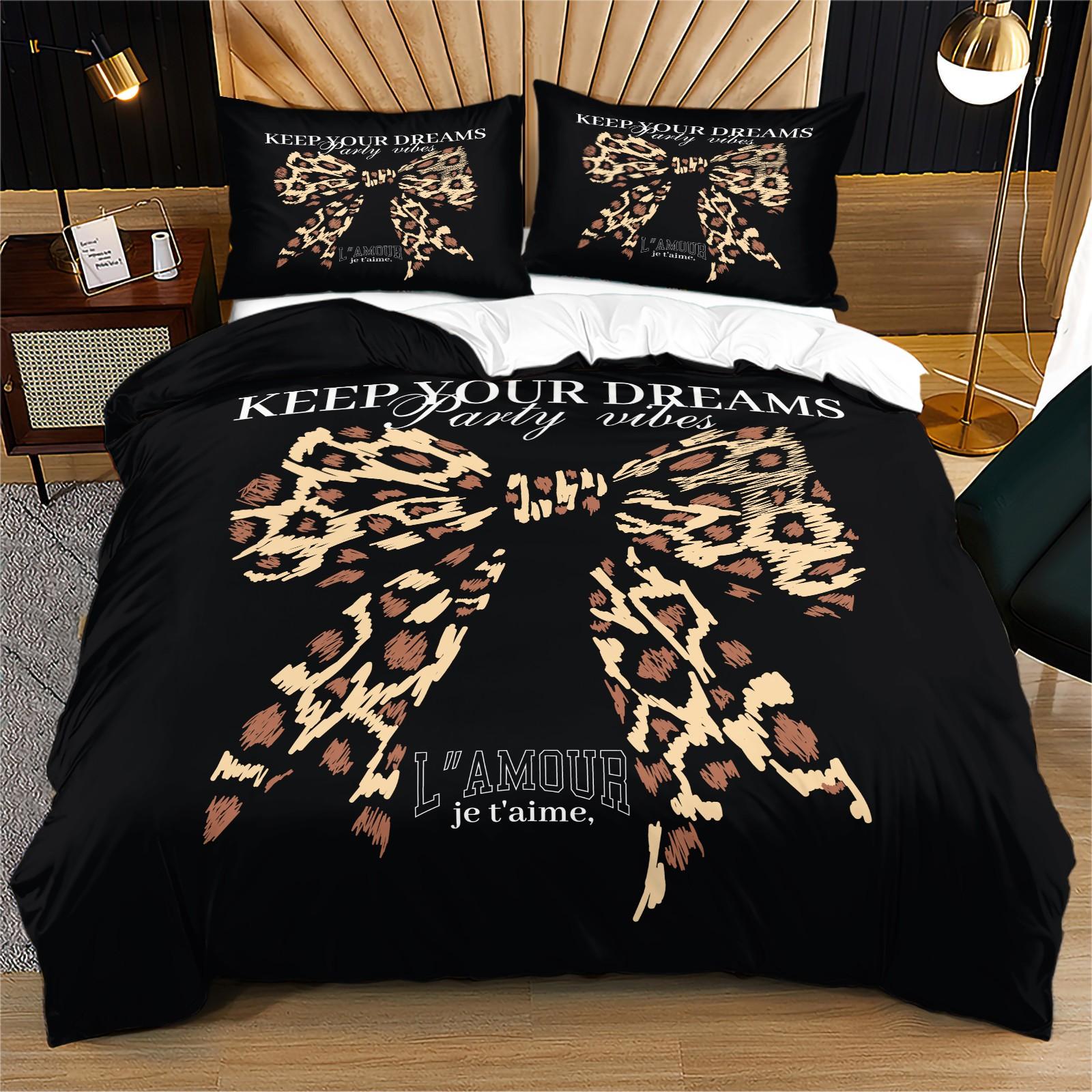 Leopard bow pattern duvet cover set, soft and durable bedding set, contains 1 duvet cover and 1 or 2 pillowcases, daily holiday birthday gift bedroom decoration for children and adults