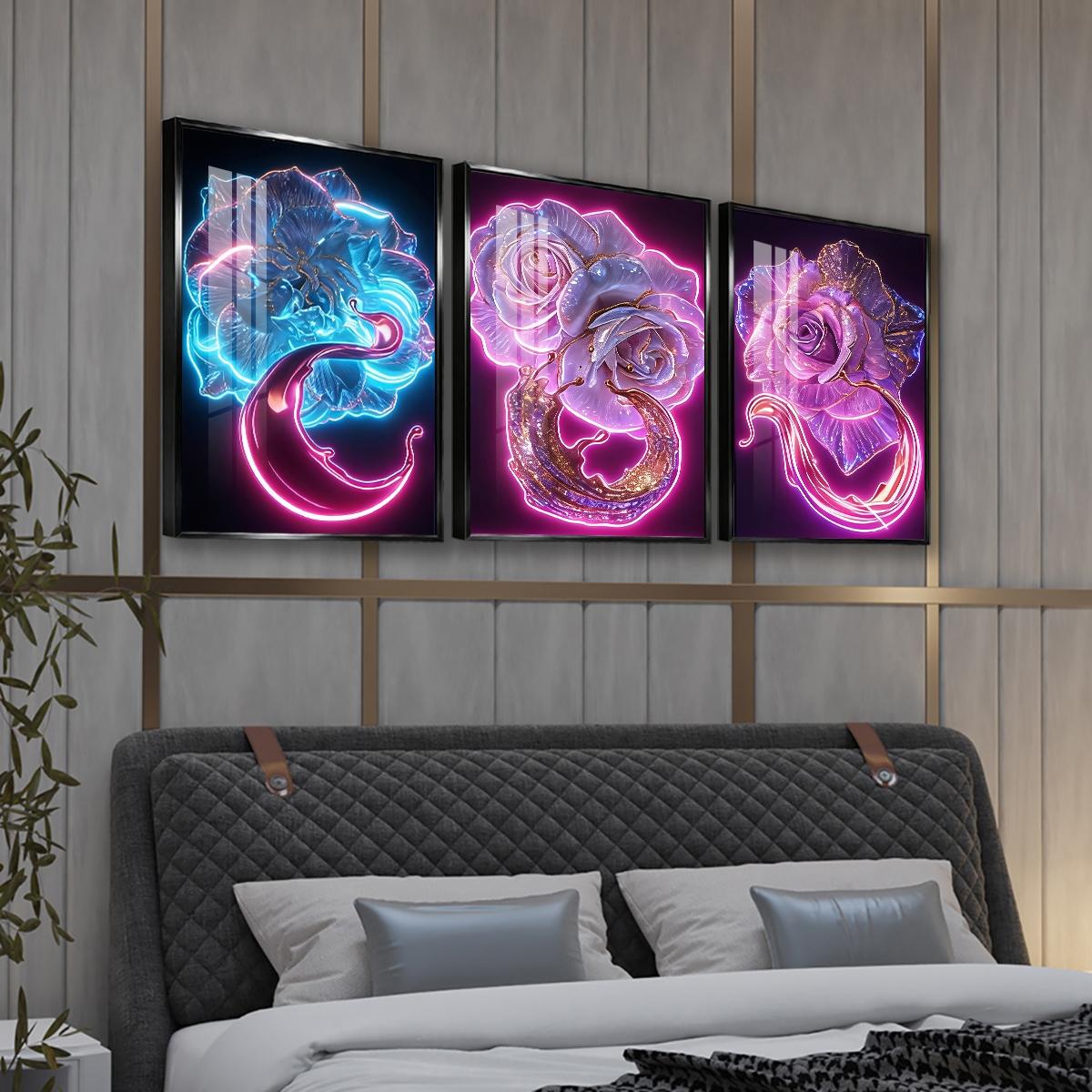 3 Counts Aluminum Alloy Framed Painting, Neon Glowing Roses And Petals Pictures, Home Decoration For Living Room, Bedroom, Office, Restaurant, Hallway Wall Decor, Odorless Print Artwork, Luxury Perfect Gift For Friends And Family