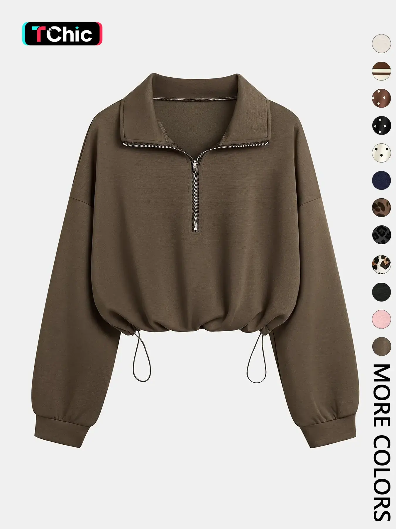 Women's Half-Zip Stand Collar Drawstring Short Cropped Sweatshirt, Spring & Fall Casual Fashion, Comfortable and Stylish #GLOBAL PICKS