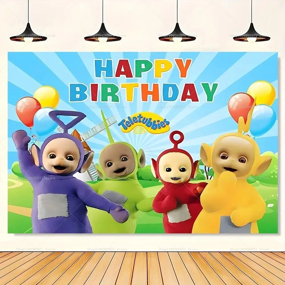 Teletubbies Backdrop Wrinkle-Resistant Vibrant Vinyl, Lightweight Durable Machine Washable Quick-Drying, for Kids Boys Girls Birthday Baby Shower Indoor Party & Photo Booth Wall Decor, Photography Studio Retro Photoshoot Backdrop