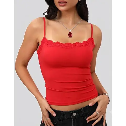 Women's Double-Lined Lace Trim Spaghetti Strap Cami - High-Stretch, Fitted Sleeveless Sports Vest for Parties, Casual Outings, Party