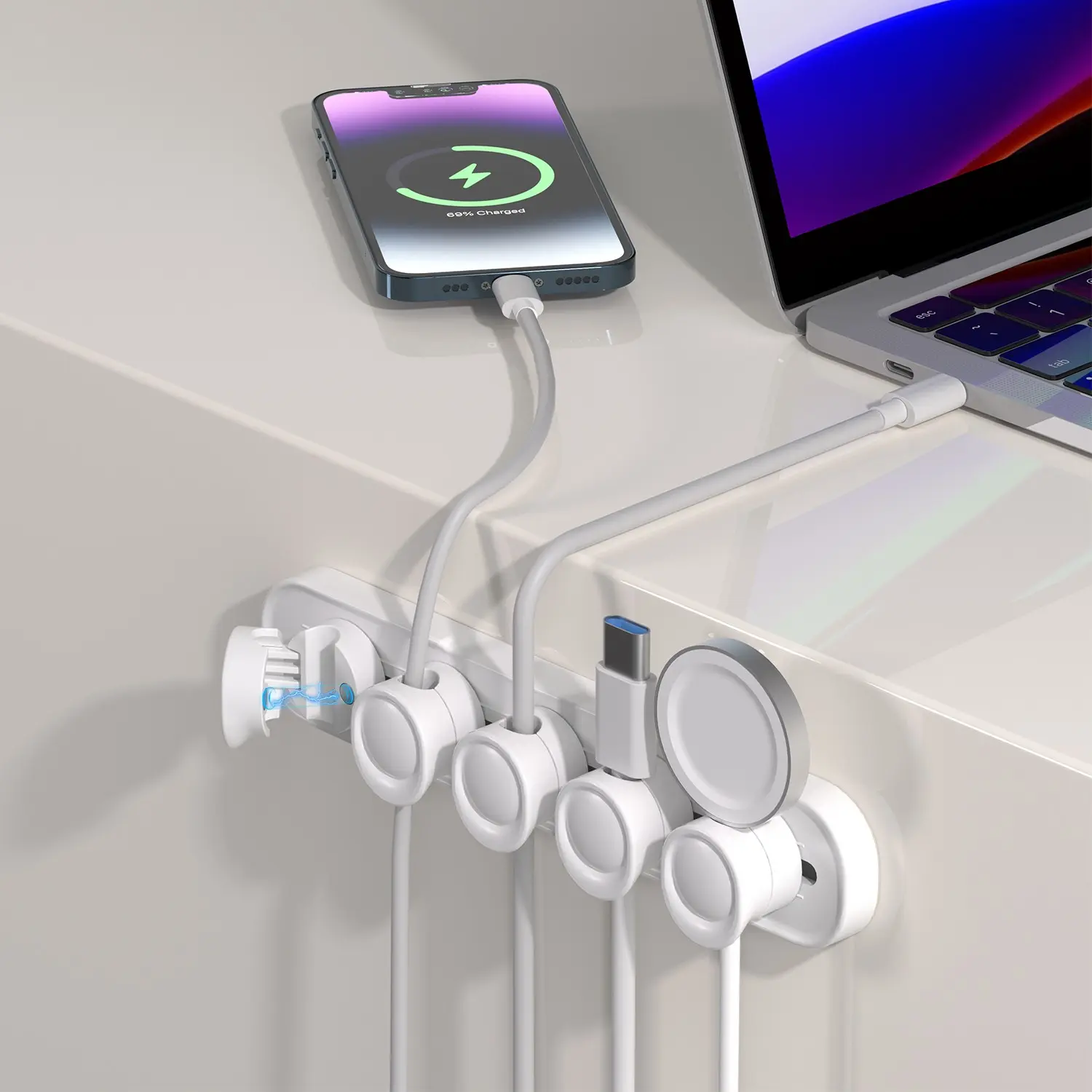 Adjustable Sliding Cable Organizer, 5-Slot Self-Adhesive Cord Holder, Under Desk Wire Management Clips for USB Cables, Power Cords, Office and Home Setup