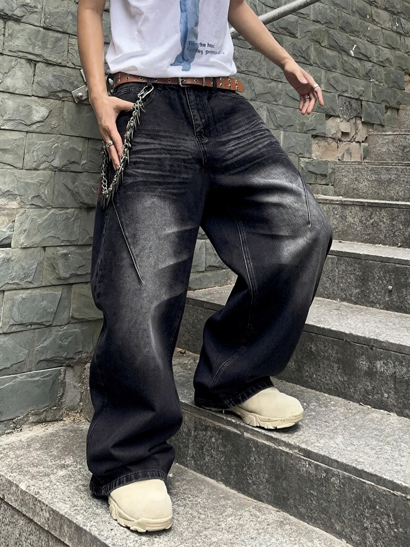 Y2K Retro Black Stone Washed Loose Jeans, Men's Streetwear Hip-Hop Casual Pants, Wide-Leg Loose Jeans with Distressed Effect, for Leisure Daily Wear