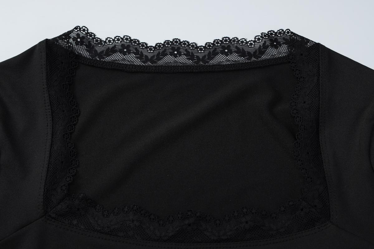 Women's Square Neck Top, Solid Lace Trim Long Sleeve T-Shirt, Elegant Chic Plain Flared Sleeves Slim Fit Crop Top for Spring, Fall and Winter, Womenswear, Blouses Shirts Tops, Casual Elegant Classy, Perfect for Parties, Dates and Everyday Wear