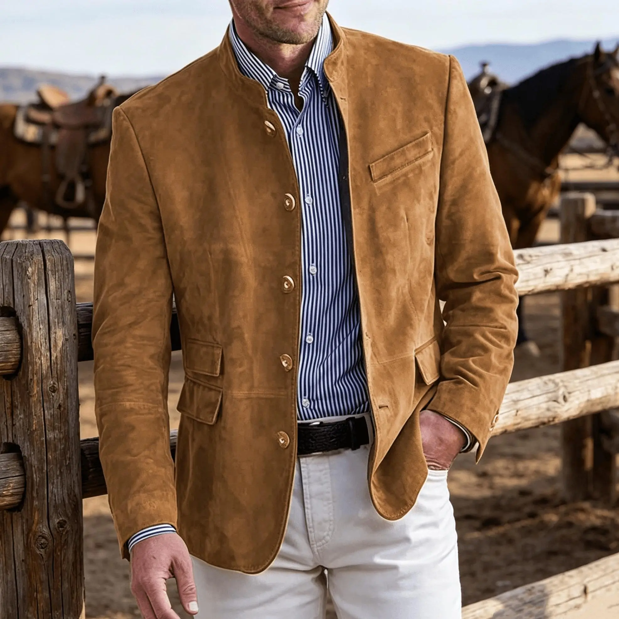 Men's Brown Suede Stand Collar Blazer, Western Cowboy Button Sport Coat with Multi Pockets Vintage Casual Jacket