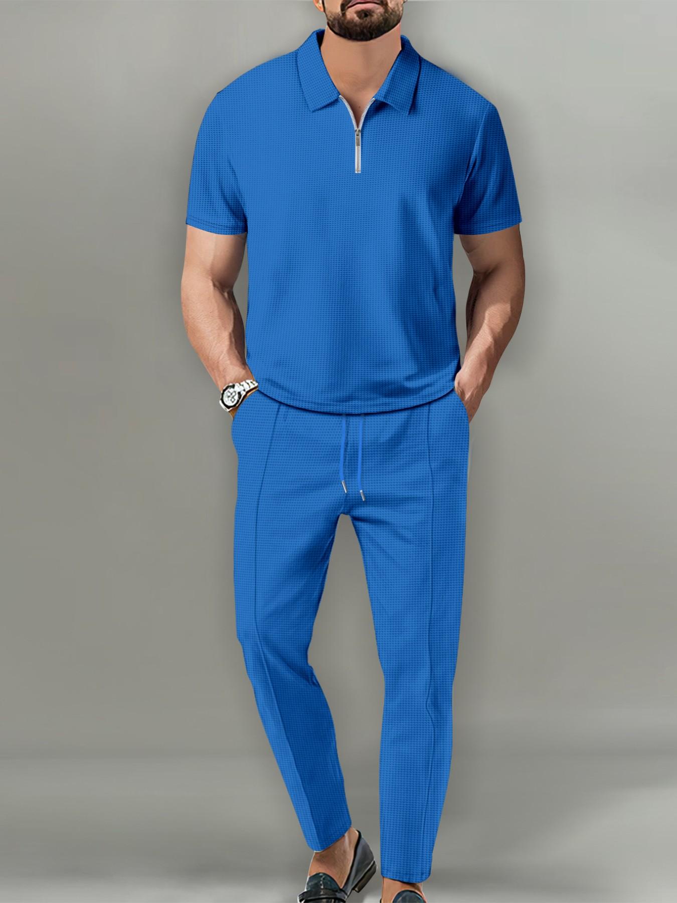 Men's Two-Piece Set Outfit for Summer, Menswear Quarter-Zip Polo Shirt and Drawstring Pants, Casual and Urban Style, Perfect for Relaxing Days