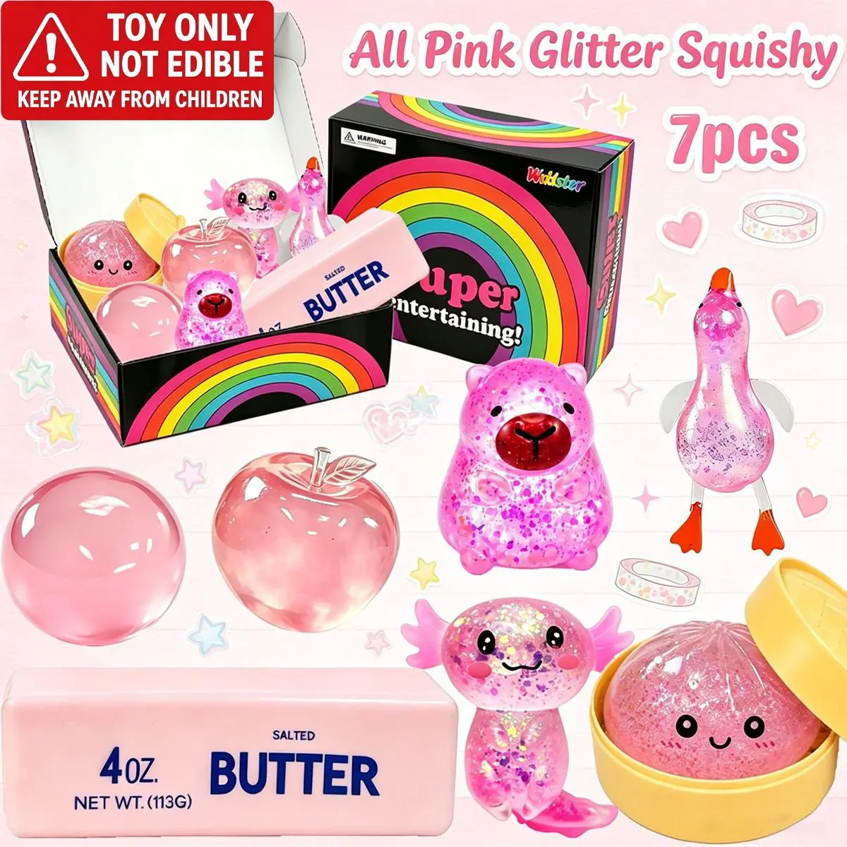 7Pcs All Pink Glitter Squishy Toy Set, salamander Duck Capybara Fruit Butter Jelly Squeeze Fidget Pack, Anti-Anxiety Stress Relief Calming Sensory Pinch Toys for Girls Office Relax Party Gifts